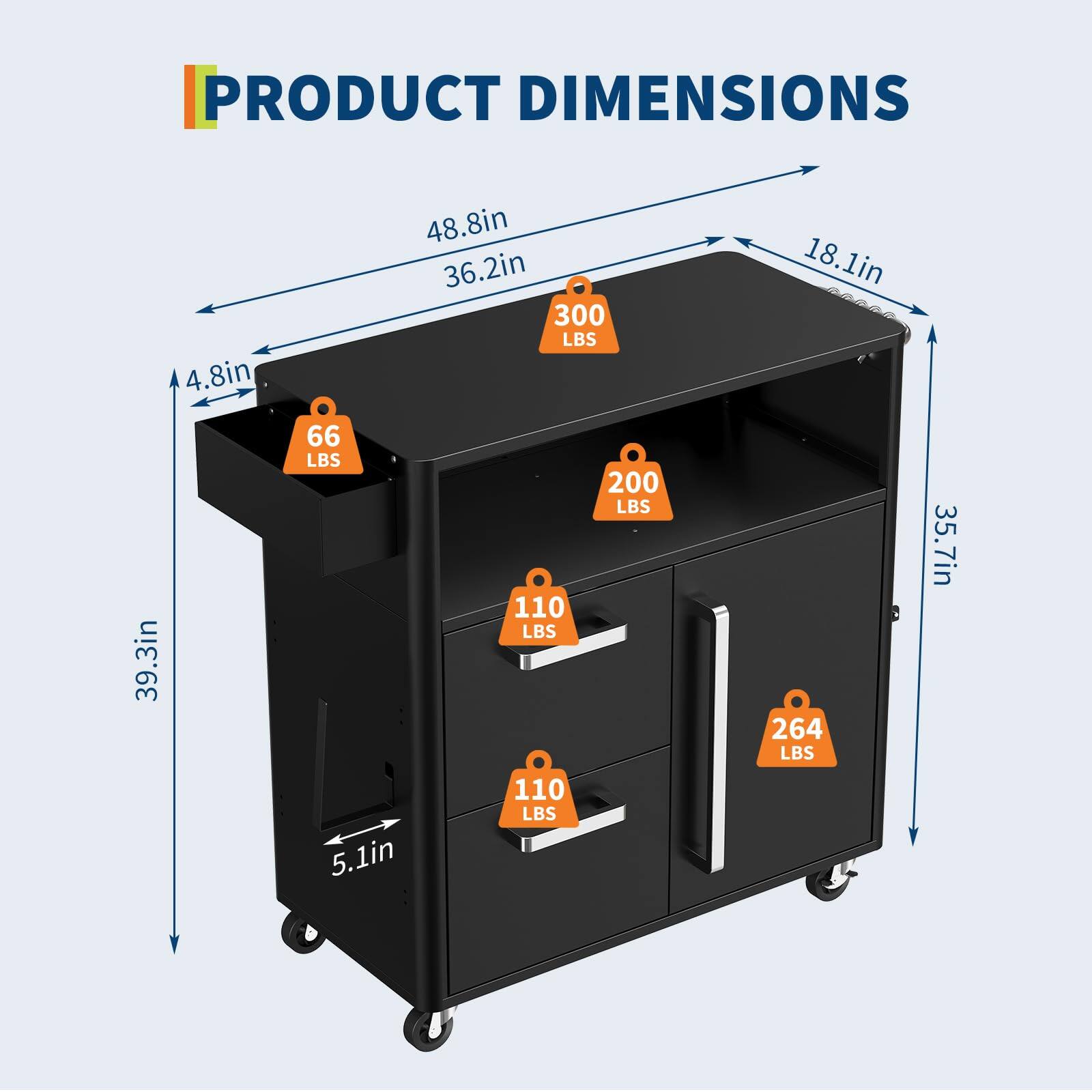 PRODUCT DIMENSIONS

- Width: 48.8in
- Depth: 36.2in
- Height: 39.3in
- Drawer 1: 5.1in
- Drawer 2: 5.1in
- Drawer 3: 5.1in
- Drawer 4: 5.1in
- Drawer 5: 5.1in
- Drawer 6: 5.1in
- Drawer 7: 5.1in
- Drawer 8: 5.1in
- Drawer 9: 5.1in
- Drawer 10: 5.1in
- Drawer 11: 5.1in
- Drawer 12: 5.1in
- Drawer 13: 5.1in
- Drawer 14: 5.1in
- Drawer 15: 5.1in
- Drawer 16: 5.1in
- Drawer 17: 5.1in
- Drawer 18: 5.1in
- Drawer 19: 5.1in
- Drawer 