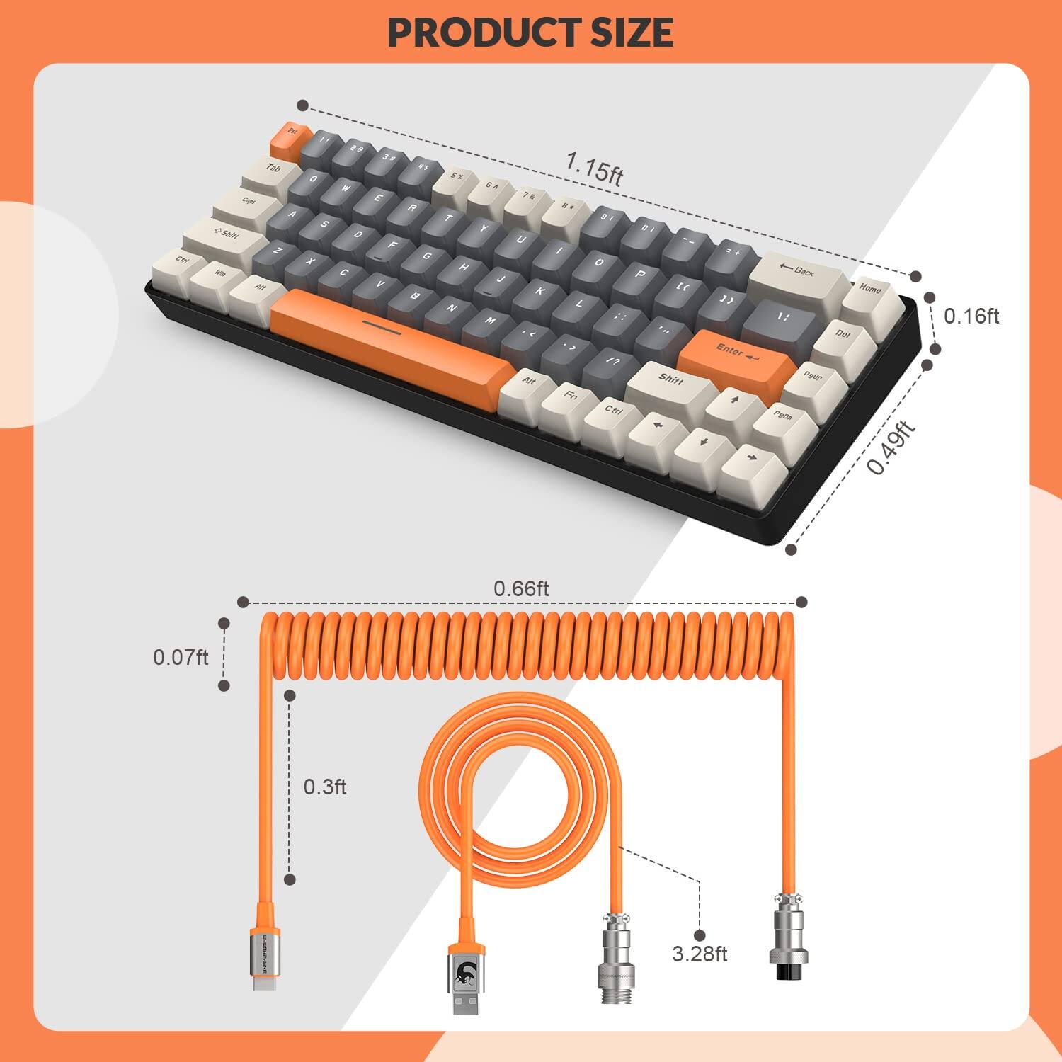 PRODUCT SIZE

- Keyboard: 1.15ft (length) x 0.49ft (width) x 0.16ft (height)
- Cable: 3.28ft (total length) with 0.3ft (coiled length) and 0.07ft (connector length)