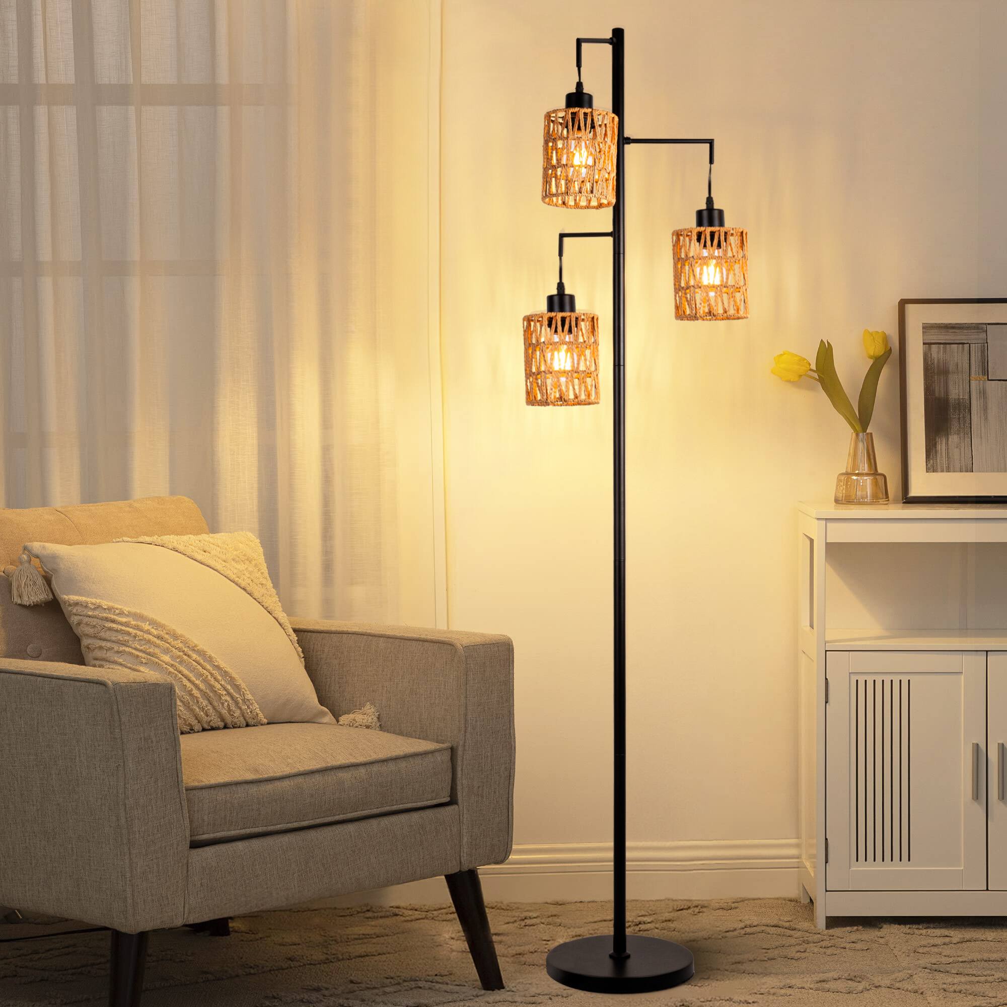 Front. Lamp Depot - Rattan Floor Lamp with 3 Lights - Black.