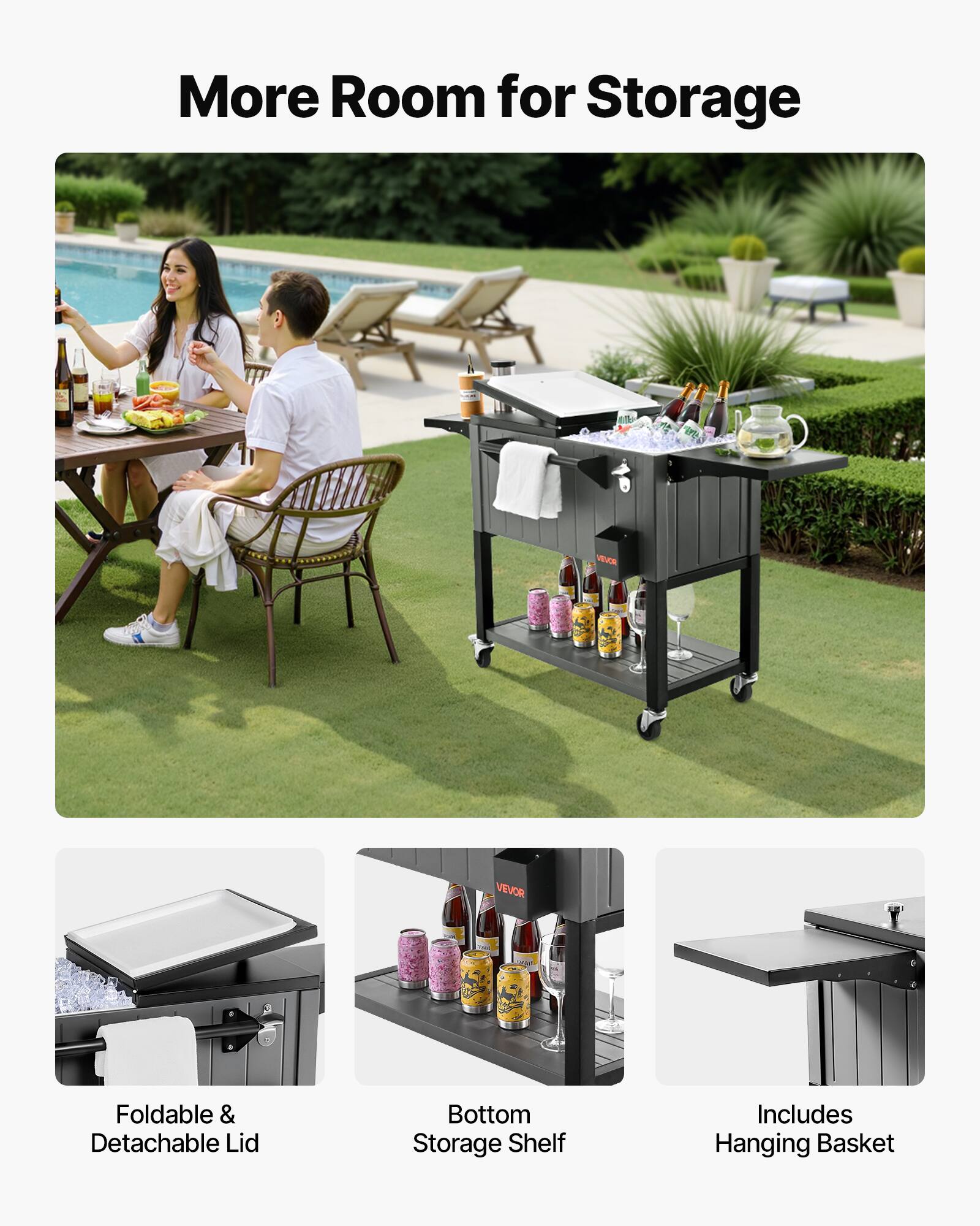 More Room for Storage

VEVOR Foldable & Detachable Lid Bottom Storage Shelf Includes Hanging Basket

- Foldable & Detachable Lid
- Bottom Storage Shelf
- Includes Hanging Basket