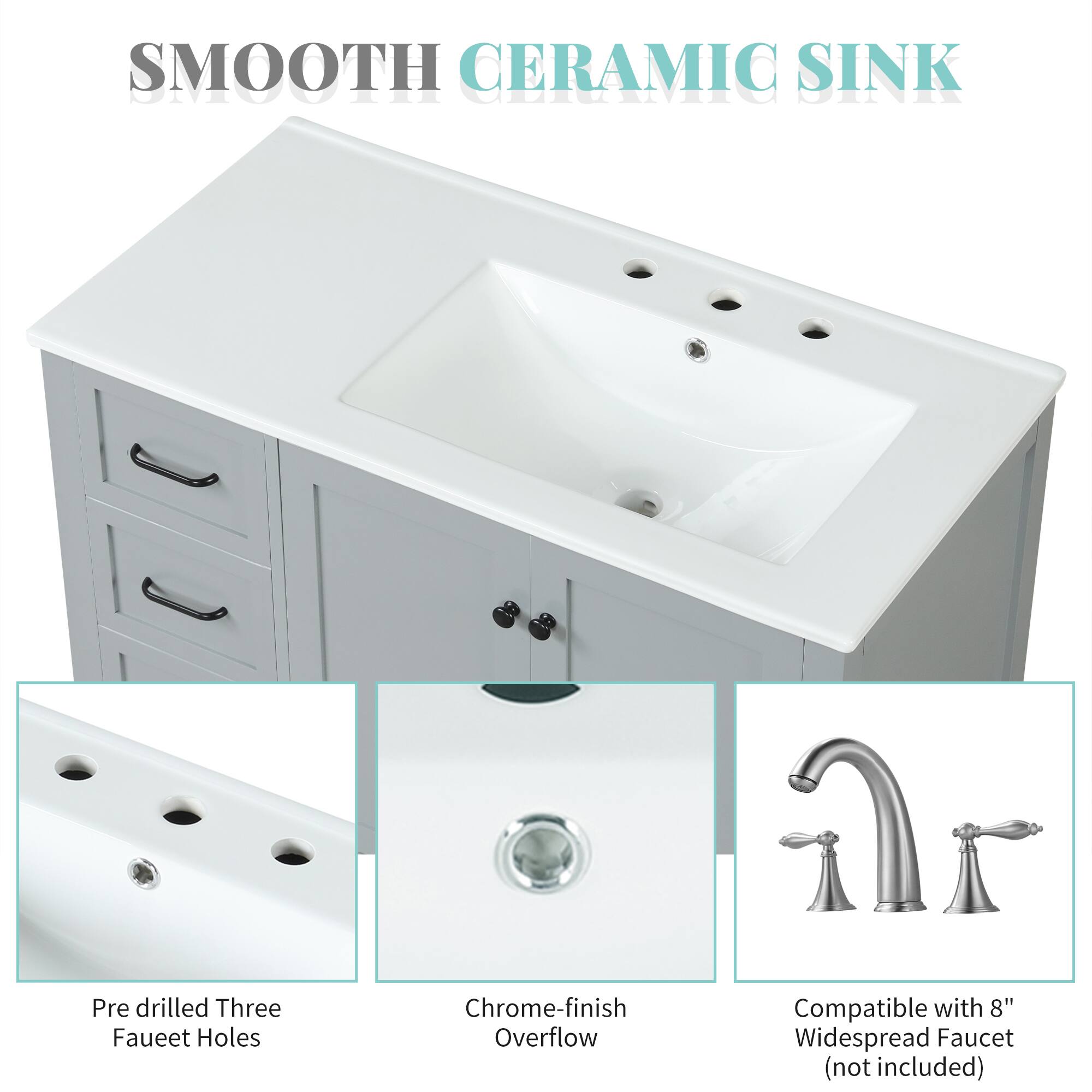 SMOOTH CERAMIC SINK

- Pre drilled Three Faucet Holes
- Chrome-finish Overflow
- Compatible with 8" Widespread Faucet (not included)