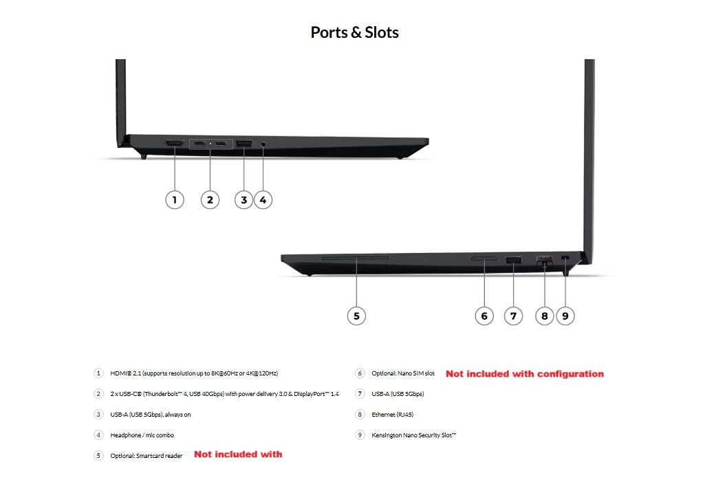 Ports & Slots

1. HDMI 2.1 (supports resolution up to 8K@60Hz or 4K@120Hz)
2. 2x USB-C (Thunderbolt 4, USB 40Gbps) with power delivery 3.0 & DisplayPort 2.4
3. USB-A (USB 5Gbps), always on
4. Headphone / mic combo
5. Optional: Smartcard reader (Not included with configuration)
6. Optional: Nano SIM slot (Not included with configuration)
7. USB-A (USB 5Gbps)
8. Ethernet (RJ45)
9. Kensington Nano Security Slot