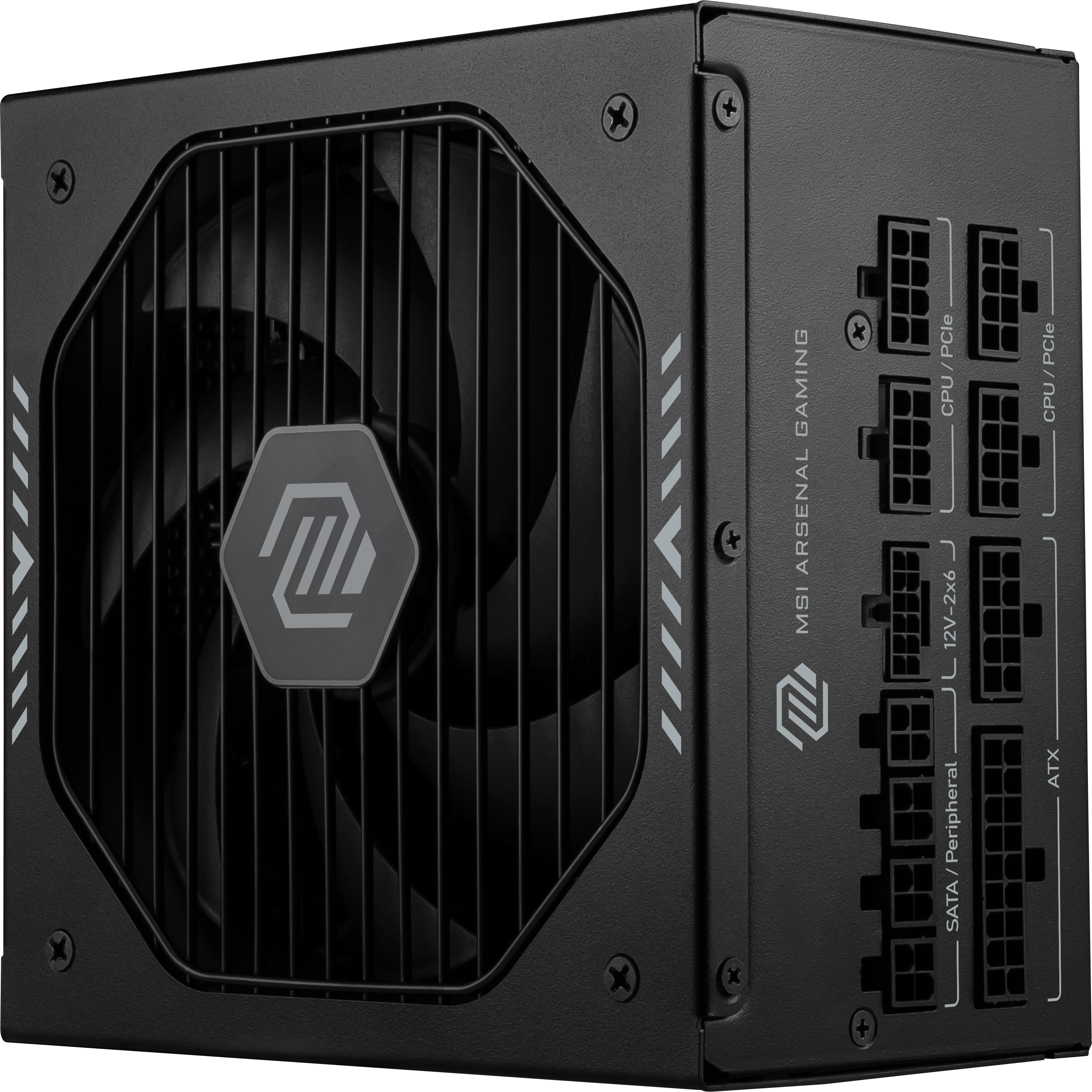 The text on the image is: "MSI GAMING ARSENAL". 

Corrected and grouped text from the provided text: 
- MSI Gaming Arsenal
- CPU/PCIe x12V-2x6
- Peripheral/SATA
- CPU/PCIe
- ATX