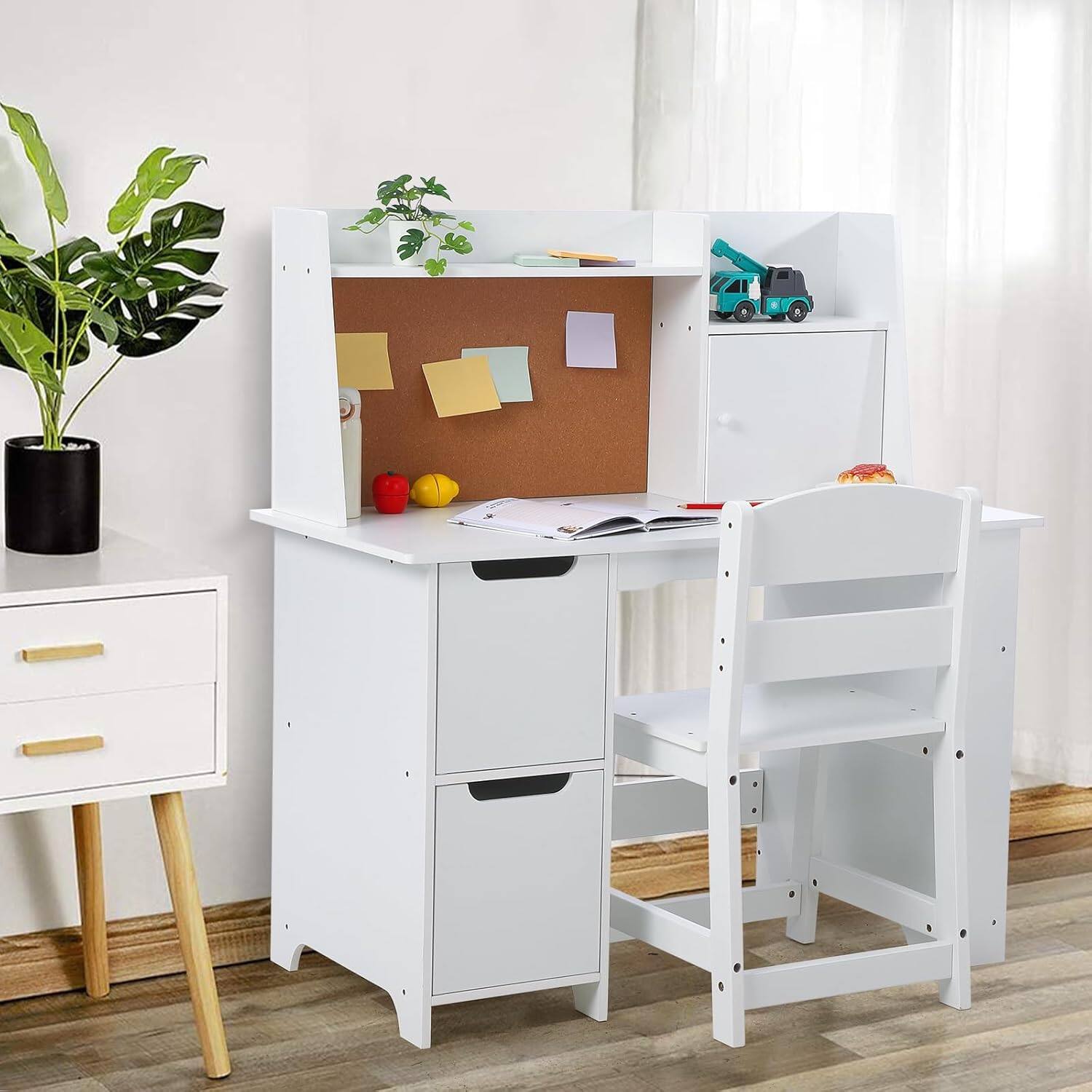 Angle. GARVEE - Kids Desk and Chair Set, Wooden Study Table with Storage Shelf, Bulletin Board for Children 3-8 - White.