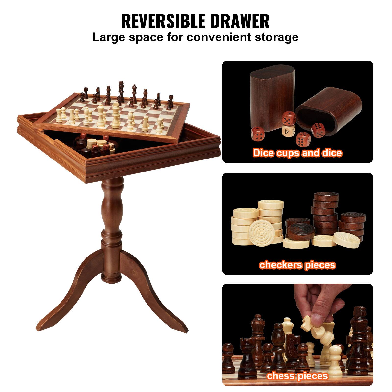 REVERSIBLE DRAWER  
Large space for convenient storage  

Dice cups and dice  

checkers pieces  

chess pieces