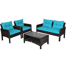 Kadyn - 3 Pieces Patio Rattan Furniture Set, Outdoor Furniture Garden Conversation Sets with Cushion and Sofa Armrest-Turquoise - Blue