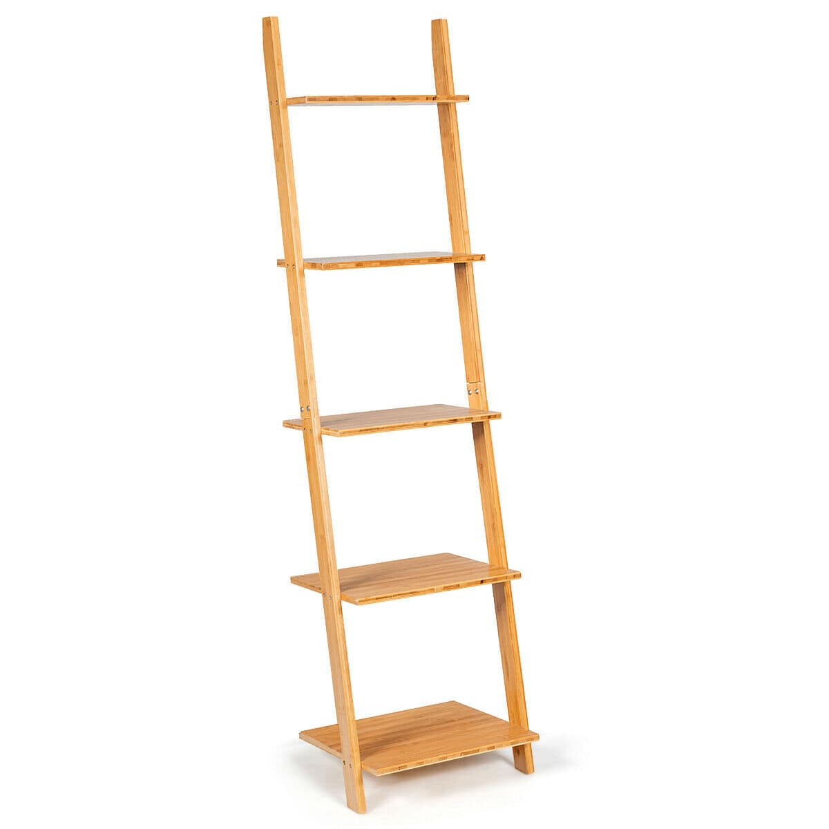 Gymax - 5-Tier Ladder Shelf Modern Bamboo Leaning Bookshelf Ladder Bookcase Open Display - Natural