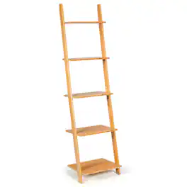 Gymax - 5-Tier Ladder Shelf Modern Bamboo Leaning Bookshelf Ladder Bookcase Open Display - Natural