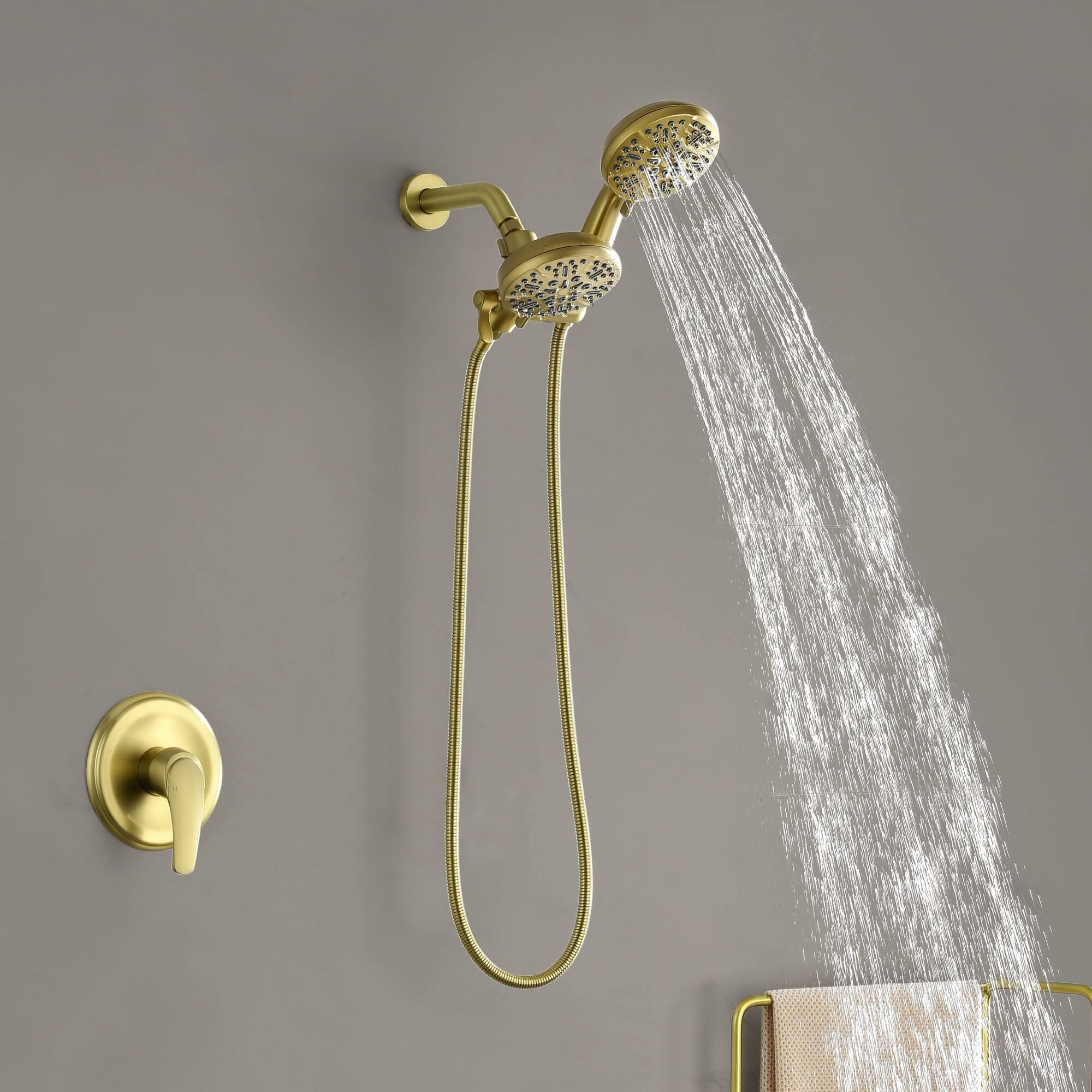 Alt View 1. Boyel Living - Brushed Gold Shower Set Brass SUS304 1-Function Valve 7-Function Dual Sprayers 60-Inch Steel Hose cUPC - Brushed Gold.