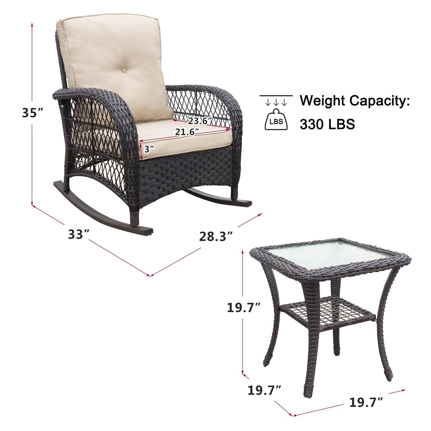 35"  
23.6"  
21.6"  
3"  
33"  
28.3"  
19.7"  
19.7"  
19.7"  

Weight Capacity: 330 LBS