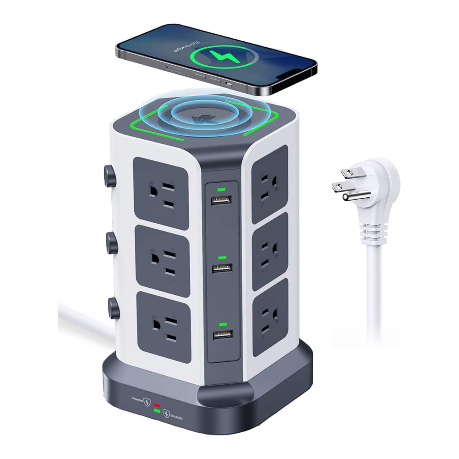 Dazzed Corner - Power Strip Tower, Wireless Charger Surge Protector,6.5 ft Extension Cord - Gray