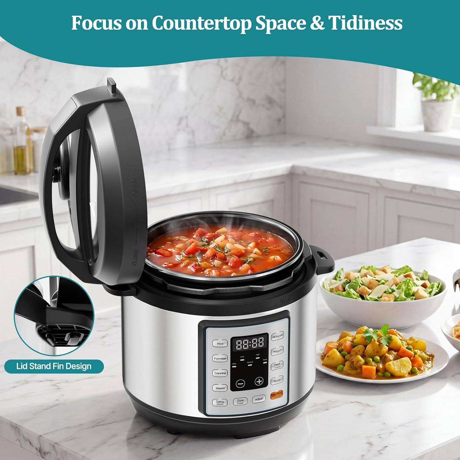 Focus on Countertop Space & Tidiness

390D Lid Stand Fin Design

88:88

ATA

io

Ce

L

Daniy

Siee