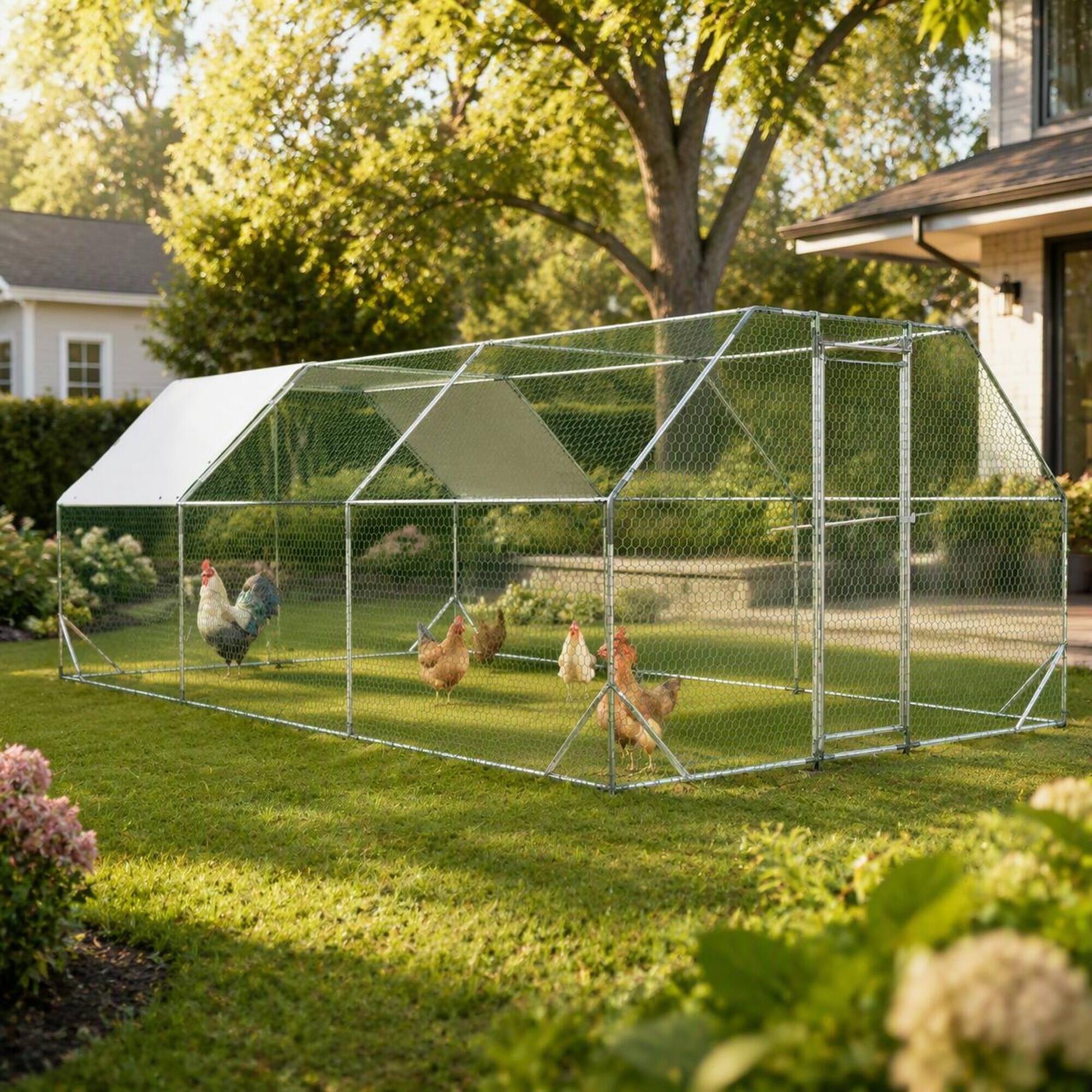 Left. RYHNUYNE - 10x20 ft Galvanized Metal Chicken Coop, Large Walk-in Poultry Run with Waterproof Cover, Outdoor Hen House.