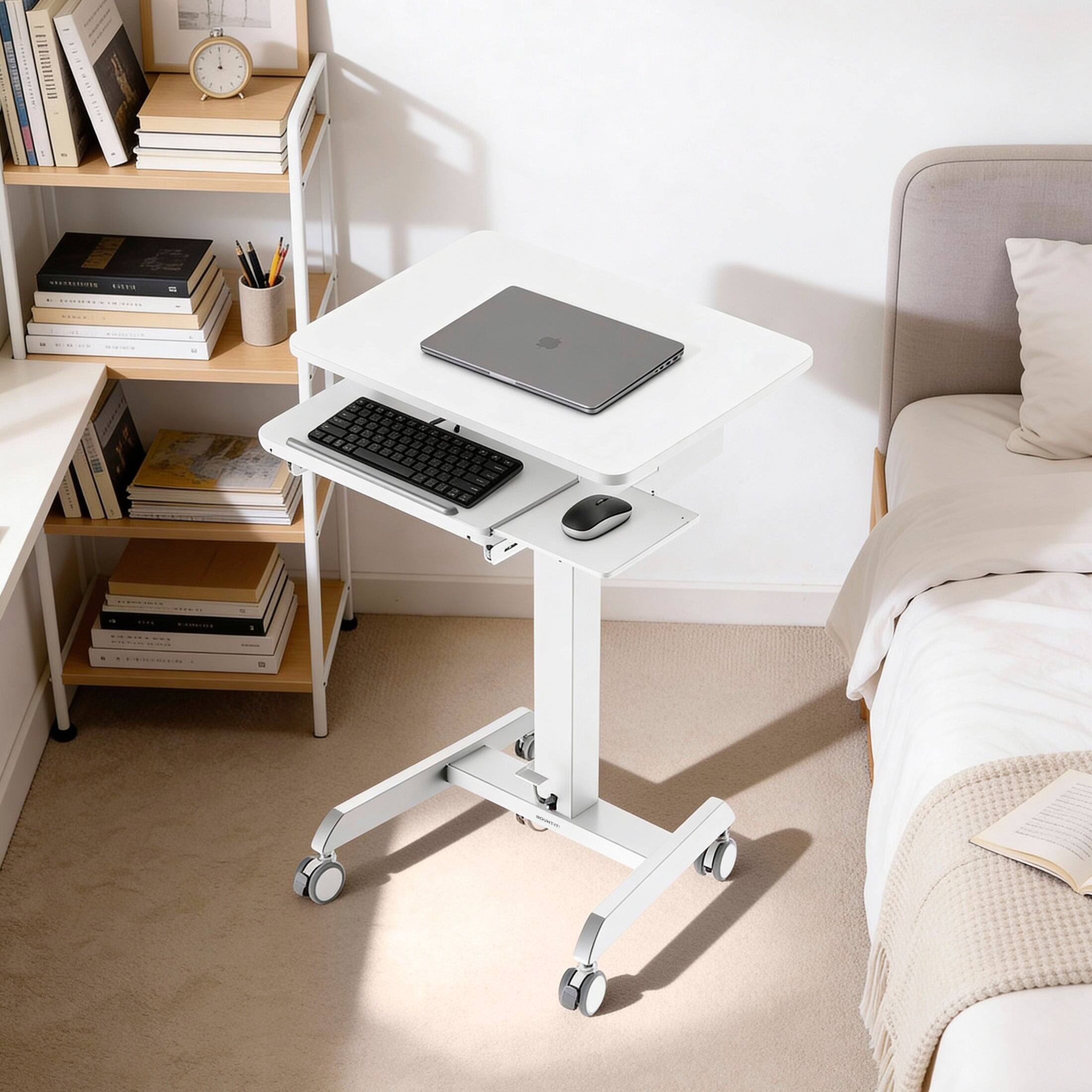 Angle. Mount-It! - Mobile Laptop Cart with Pull-Out Keyboard Tray, Height Adjustable Rolling Computer Workstation - White.