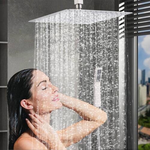 Left. JUJABU - 12" Ceiling Mount Brushed Nickel Luxury Rainfall Mixer Shower System Combo Set - Brushed Nickel.