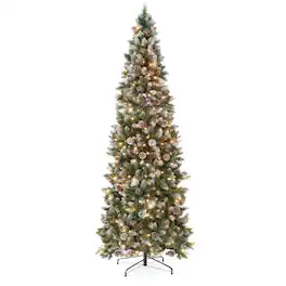 Best Choice Products - 12ft Artificial Pencil Christmas Tree w/ Twinkling Lights, Pre-Lit Frosted Pine, 700 Lights - Frosted Green Spruce