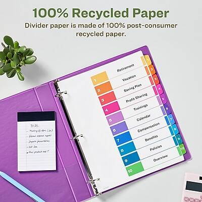 100% Recycled Paper  
Divider paper is made of 100% post-consumer recycled paper.

1. Retirement  
2. Vacation  
3. Saving Plan  
4. Profit Sharing  
5. Trainings  
6. Calendar  
7. Compensation  
8. Benefits  
9. Policies  
10. Overview