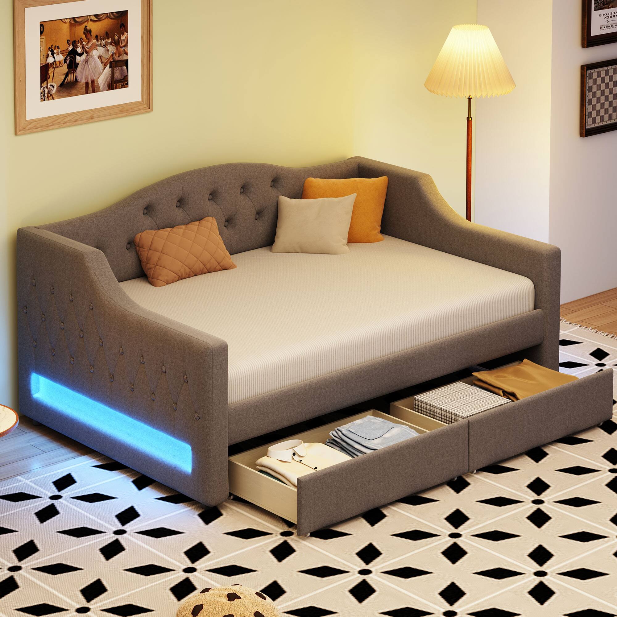 Front. Whisen - Twin XL Size Daybed with Storage Drawers & LED Lights, Upholstered Bed Frame for Bedroom & Guest Room - Gray.