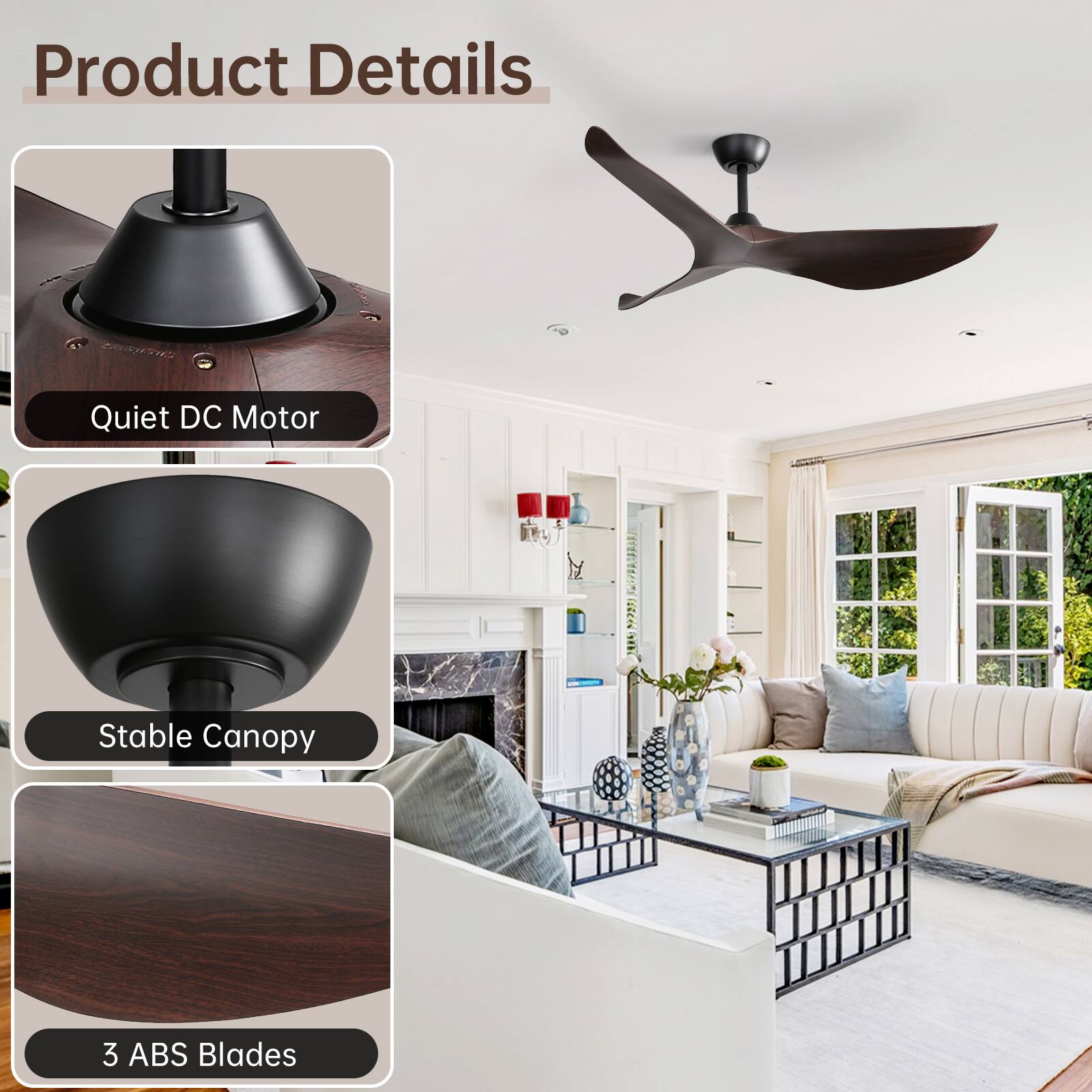 Product Details

- Quiet DC Motor
- Stable Canopy
- 3 ABS Blades