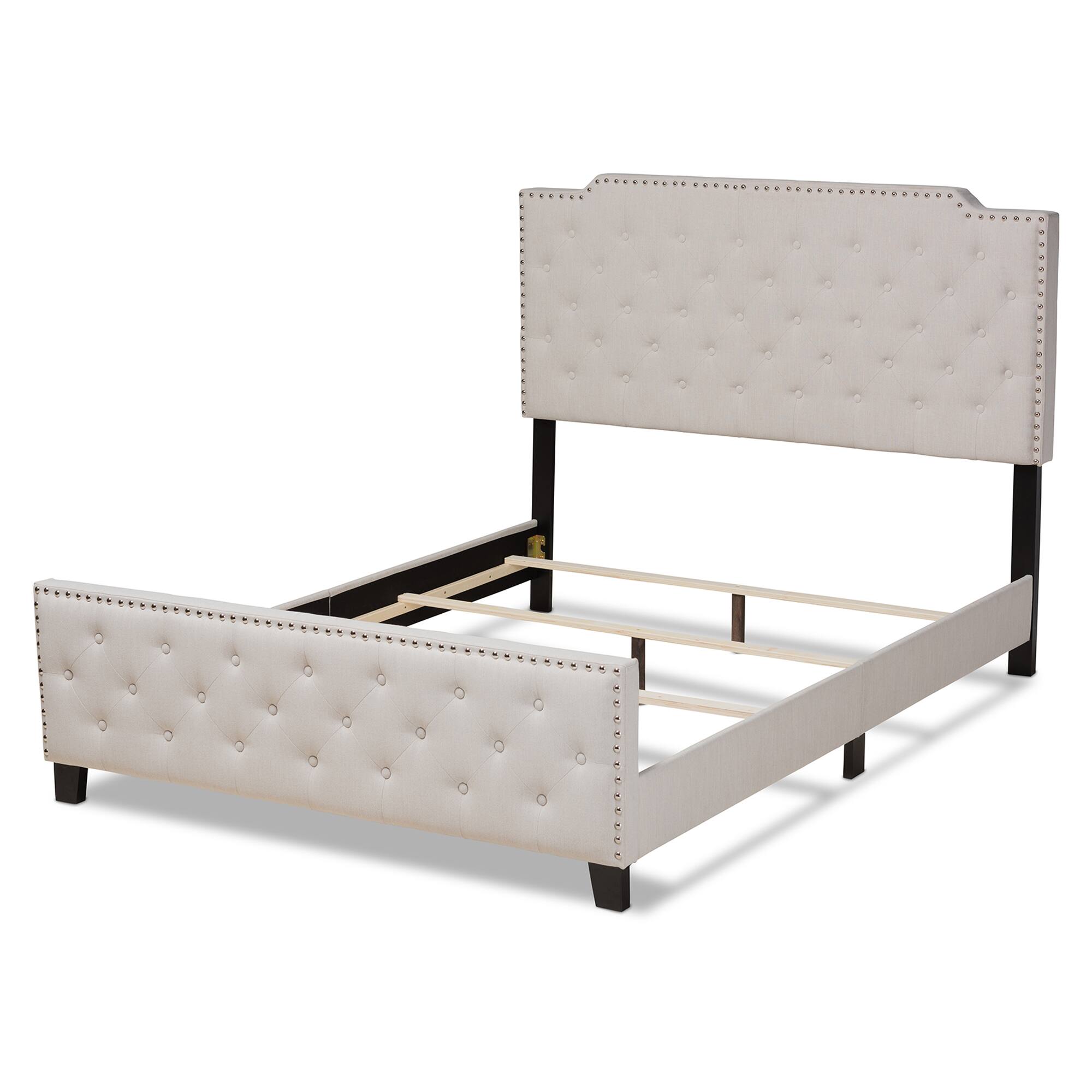 Left. Baxton Studio - Marion Modern Transitional Fabric Upholstered Button Tufted Panel Bed - Beige/Black.