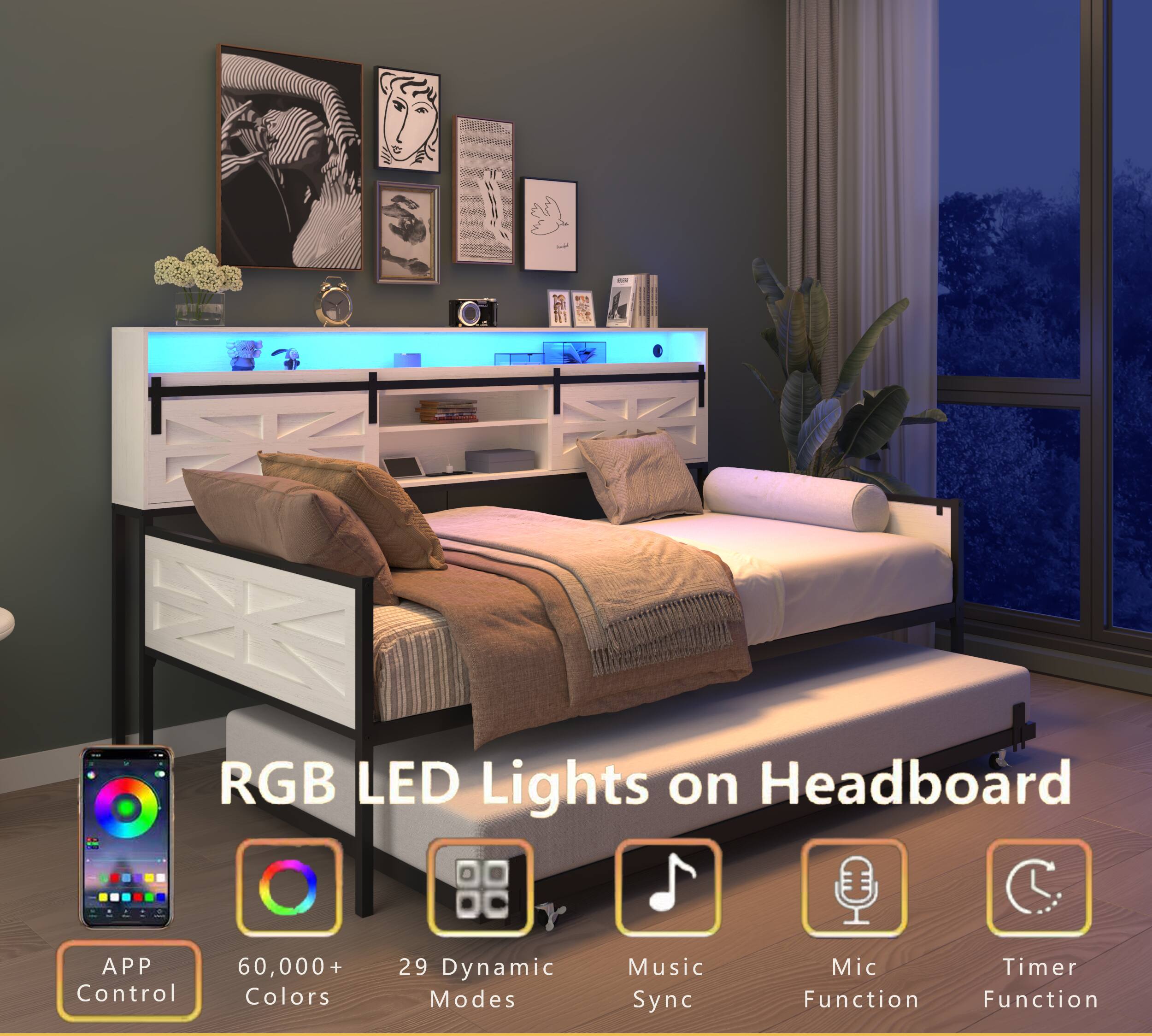 2 - RGB LED Lights on Headboard  
APP Control  
60,000+ Colors  
29 Dynamic Modes  
Music Sync  
Mic Function  
Timer Function