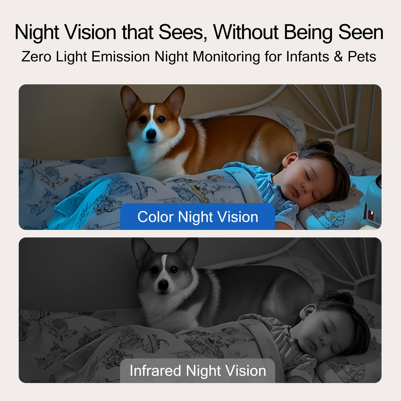 Night Vision that Sees, Without Being Seen  
Zero Light Emission Night Monitoring for Infants & Pets  

Color Night Vision  

Infrared Night Vision
