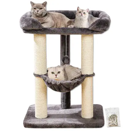 Front. JETRANSPORT - 28" Cat Tree Tower For Indoor Cats Tall With Large Bed Maine Coon Big Sisal Scratcher Soft Perch & Hammock - Gray.