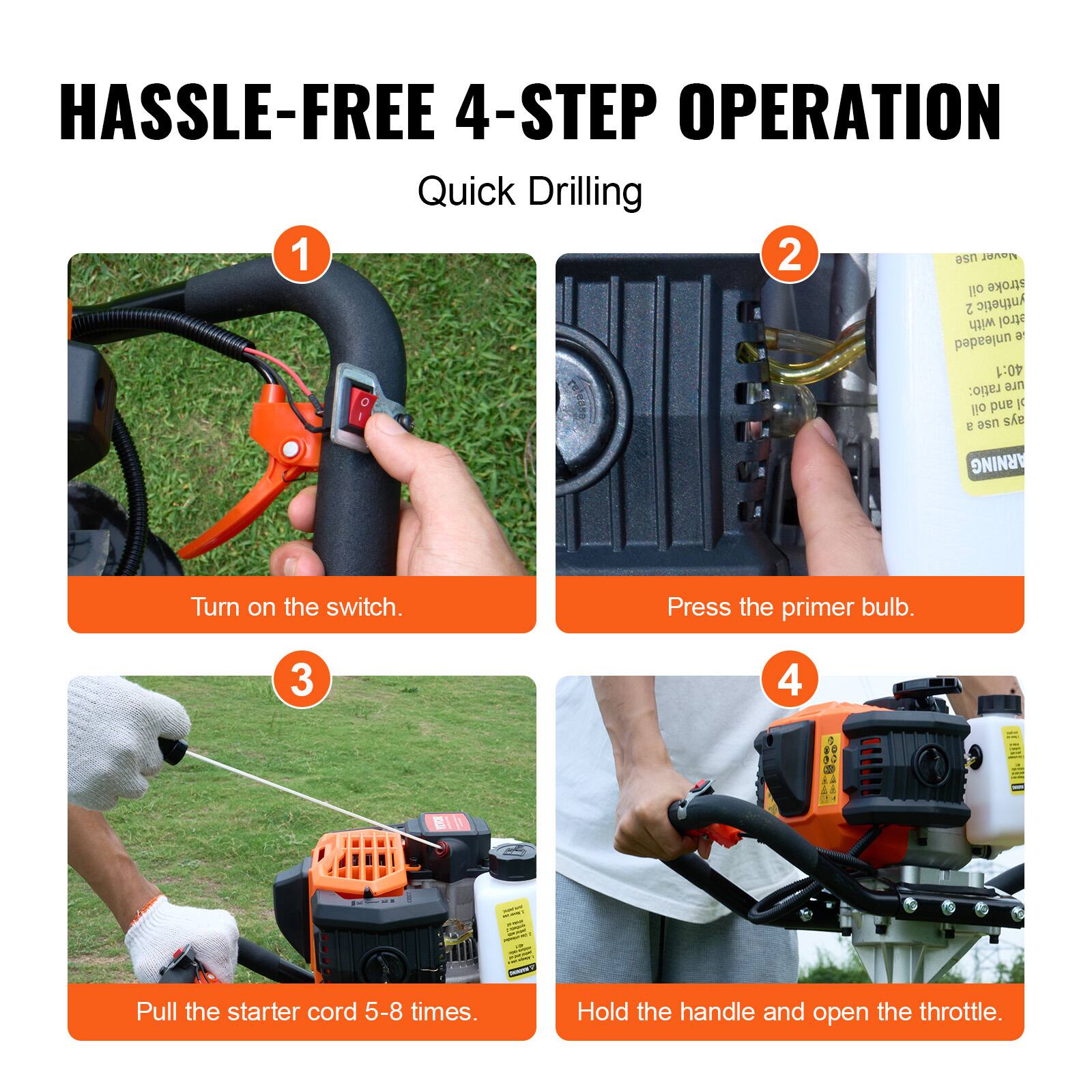 HASSLE-FREE 4-STEP OPERATION

Quick Drilling

1. Turn on the switch.
2. Press the primer bulb.
3. Pull the starter cord 5-8 times.
4. Hold the handle and open the throttle.