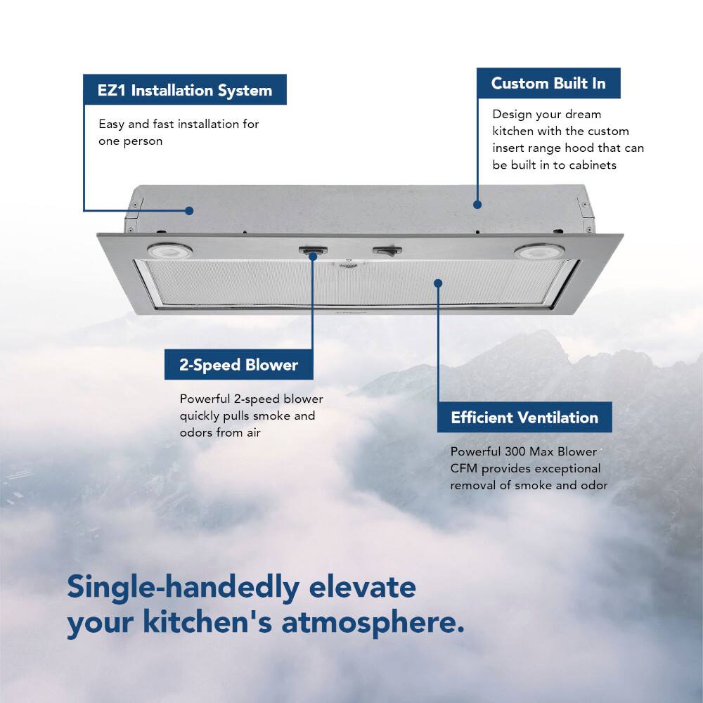 The text on the image is already grouped and correctly written. It reads: "EZ1 Installation System - Easy and fast installation for one person. Custom Built In - Design your dream kitchen with the custom insert range hood that can be built in to cabinets. 2-Speed Blower - Powerful 2-speed blower quickly pulls smoke and odors from the air. Efficient Ventilation - Powerful 300 Max Blower CFM provides exceptional removal of smoke and odor. Single-handedly elevate your kitchen's atmosphere."