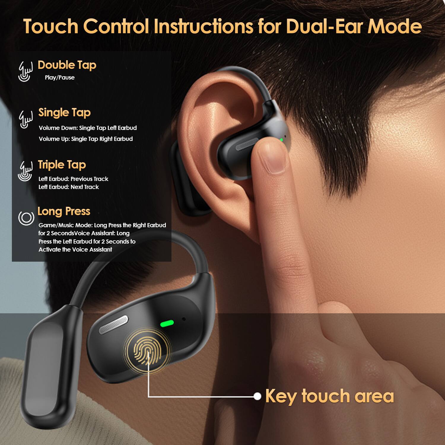 Touch Control Instructions for Dual-Ear Mode

- Double Tap: Play/Pause
- Single Tap:
  - Volume Down: Single Tap Left Earbud
  - Volume Up: Single Tap Right Earbud
- Triple Tap:
  - Left Earbud: Previous Track
  - Left Earbud: Next Track
- Long Press:
  - Game/Music Mode: Long Press the Right Earbud for 2 Seconds
  - Voice Assistant: Long Press the Left Earbud for 2 Seconds to Activate the Voice Assistant

Key touch area