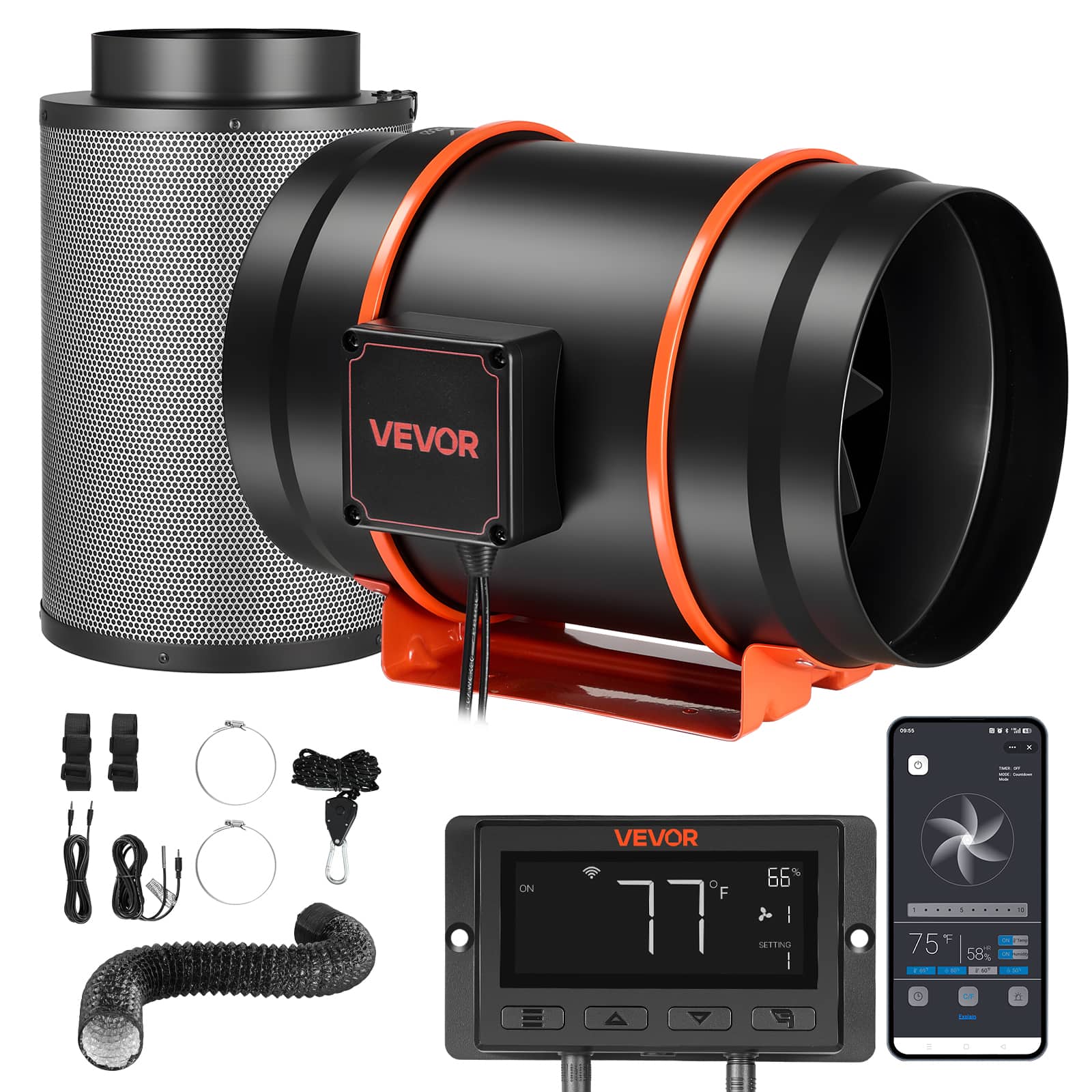 VEVOR - Inline Duct Fan Kit Carbon Filter, 807 CFM 8 inch EC Motor Exhaust Ventilation Fan with 10-Speed, PWM Controller - Black;Orange price history on PriceWatchPro