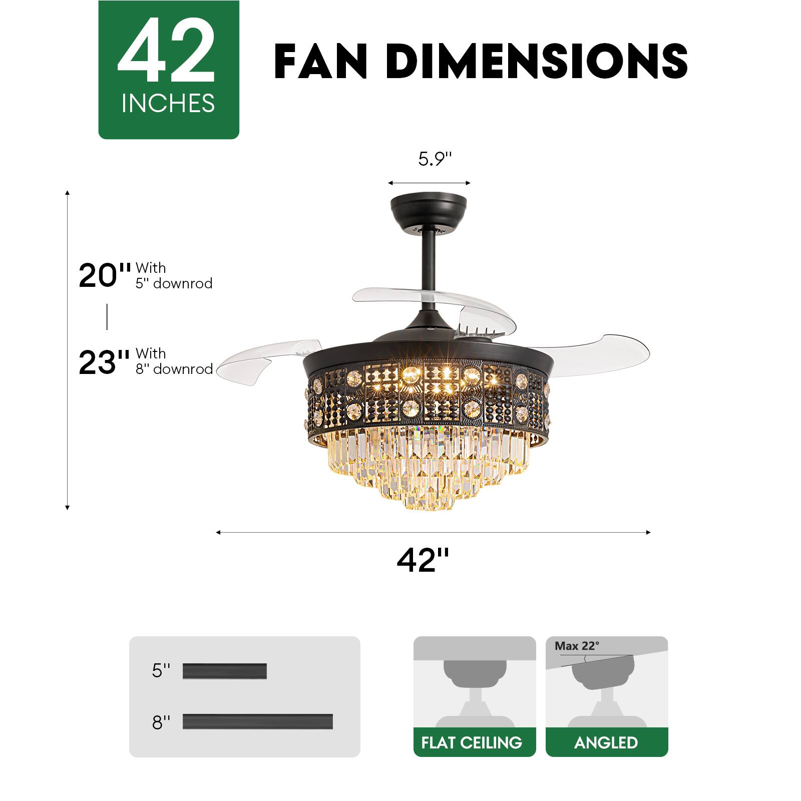 42 INCHES FAN DIMENSIONS

5.9" 

20" With 5" downrod

23" With 8" downrod

42" 

Max 22"

5" 8" 

FLAT CEILING ANGLED