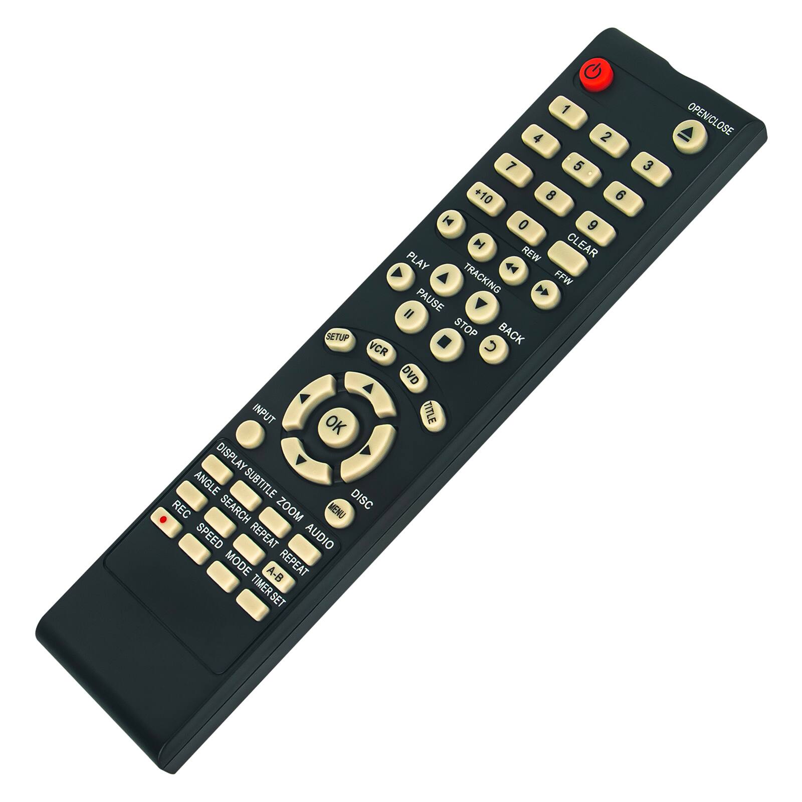 G 1 2 3 4 5 6 7 8 9 0 +10 CLEAR PLAY REW TRACKING FFW PAUSE SETUP STOP BACK VCR DVD INPUT OK TITLE DISPLAY ANGLE SUBTITLE REC SEARCH ZOOM MENU DISC SPEED REPEAT AUDIO MODE A-B REPEAT TIMERSET OPEN/CLOSE