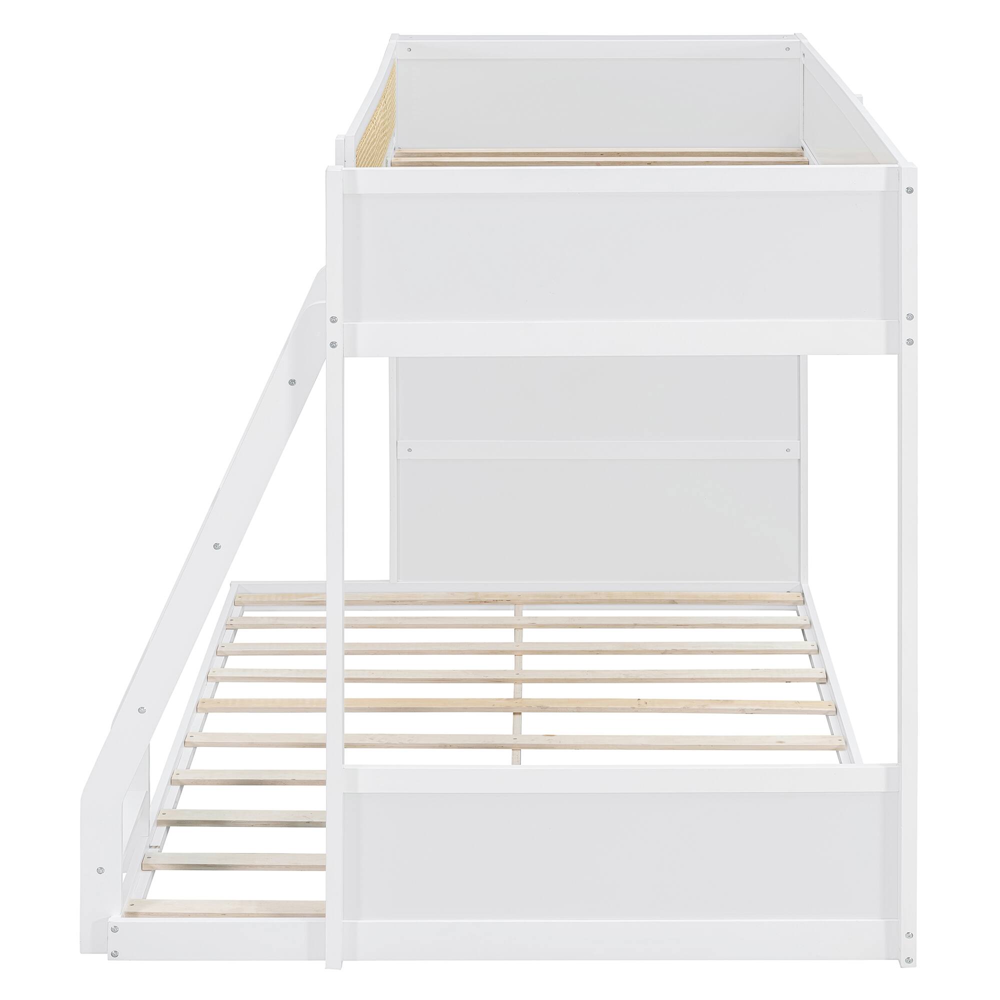Alt View 1. Whisen - Twin over Full Bunk Bed with Integrated Bookshelf,LED Lighting and Rattan-Style Guardrails - White.