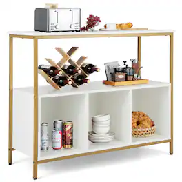 Costway - Buffet Sideboard Kitchen Storage Cabinet Open Shelf with 3 Compartments - Gold/White