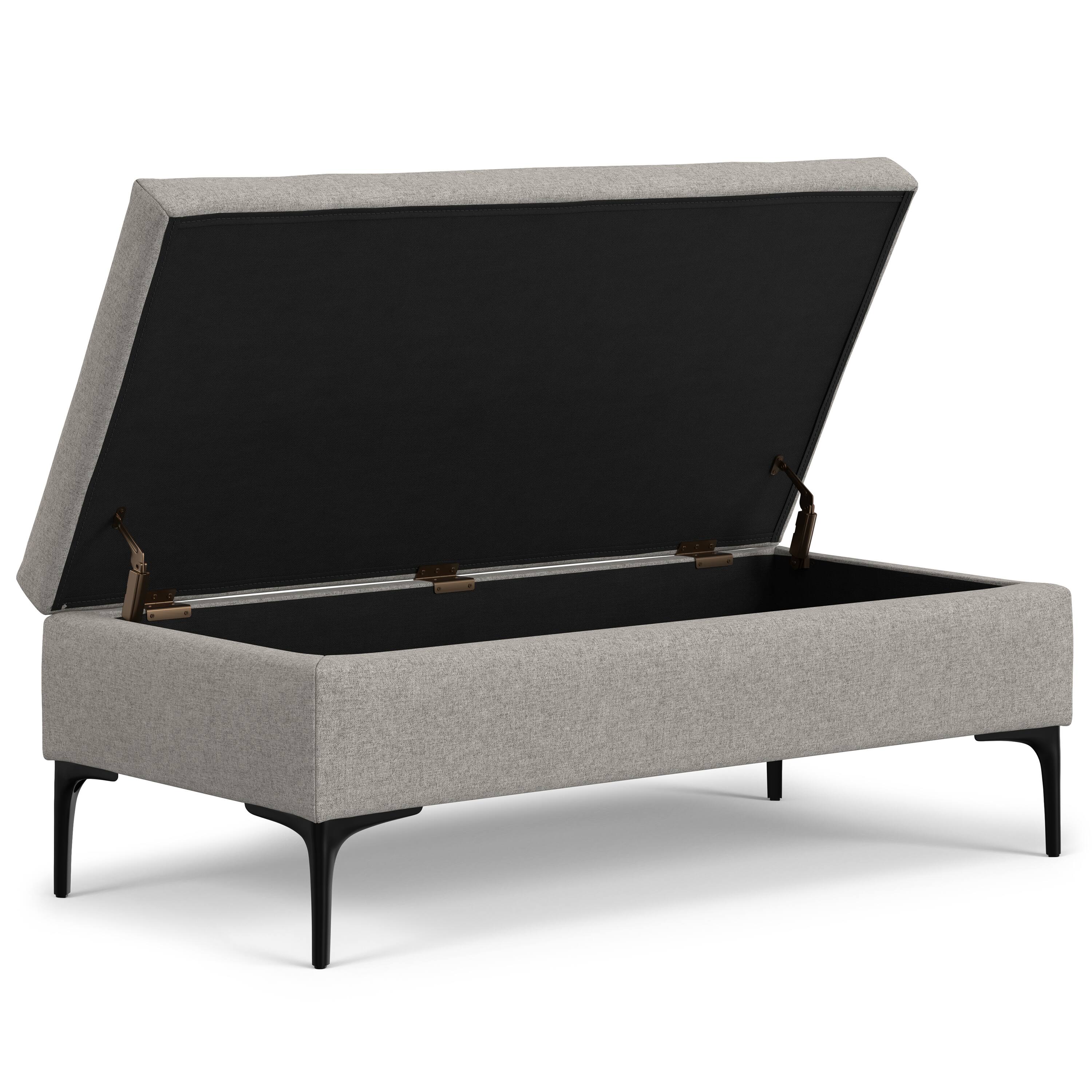 Back. Simpli Home - Rebecca 48 inch Wide Mid Century Modern Coffee Table Storage Ottoman with Lift up Lid in Cloud Grey Polyester, Assembled - Cloud Grey.
