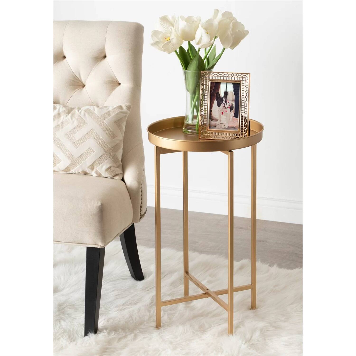Angle. Hivvago - Hivvago Metal Round End Table Nightstand with Removable Tray Top - Gold.