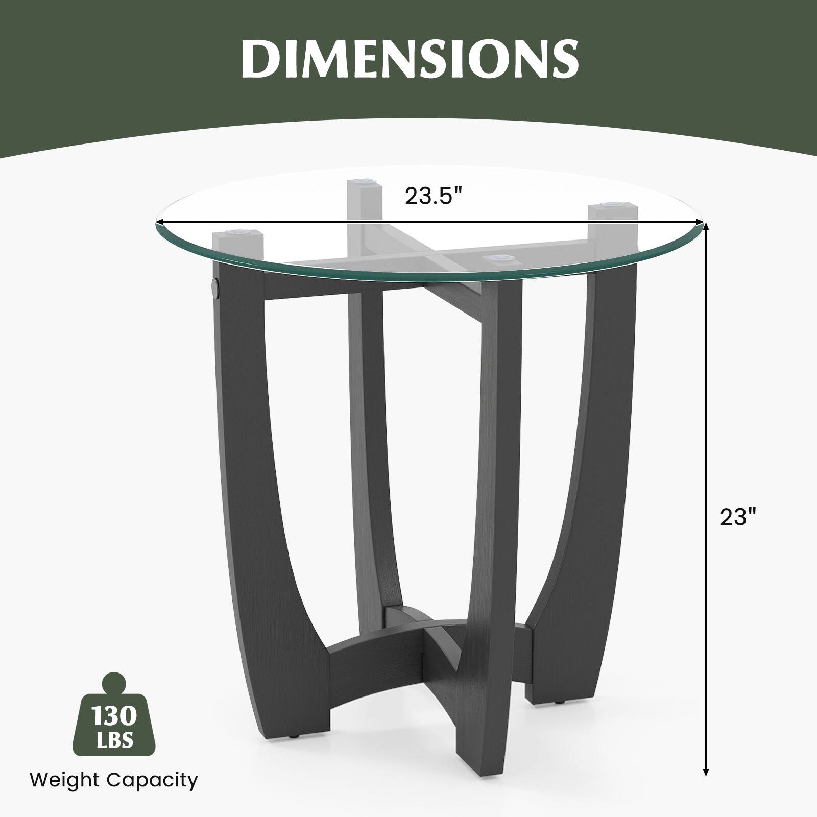 DIMENSIONS  
23.5"  
23"  
130 LBS Weight Capacity