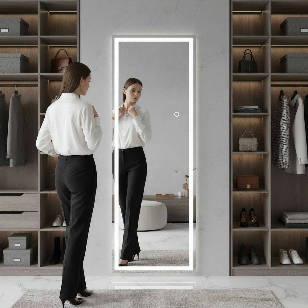 Front. Kadyn - 65x22 Inch Frameless Rectangle Full-Length LED Wall Mirror for Home - Black.