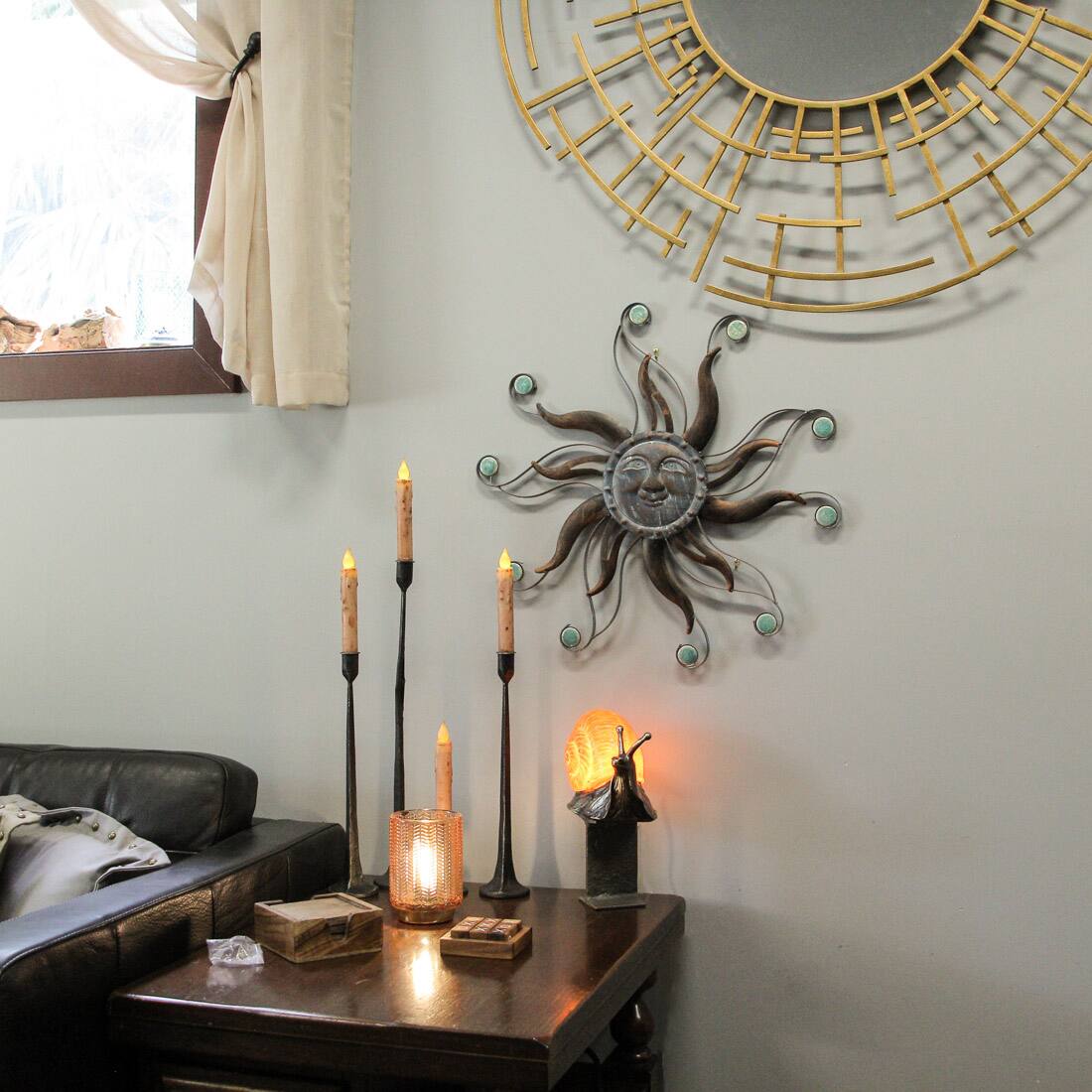Alt View 4. Zeckos - Antique Copper Finish Metal Sun Face Wall Hanging With Ceramic Bead Accents - Blue.