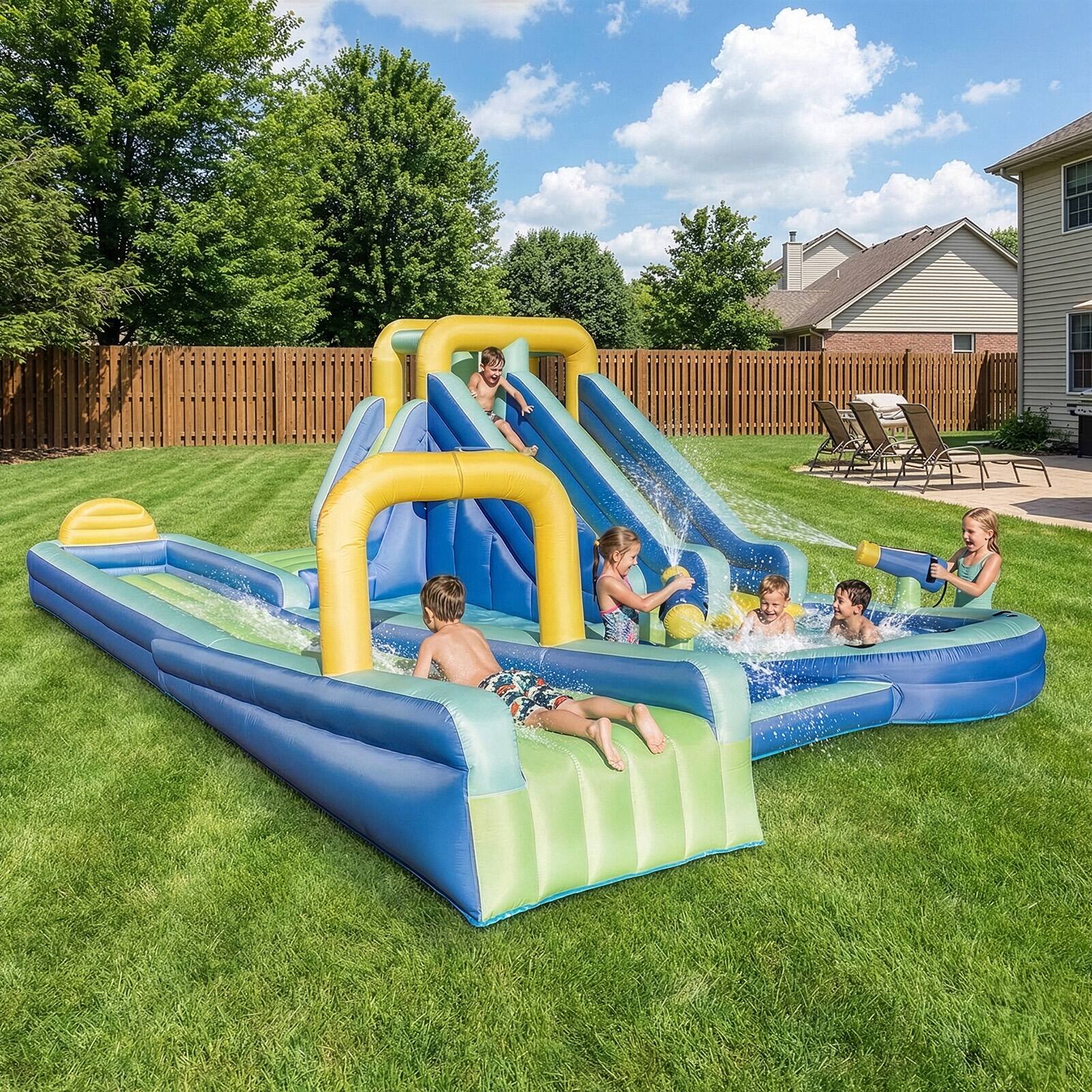 Back. Winado - Shark Theme Inflatable Water Slide with Extra-Long Slide, 19.3x15x7 Ft Kids Bounce House w/Inflatable Surfboard.