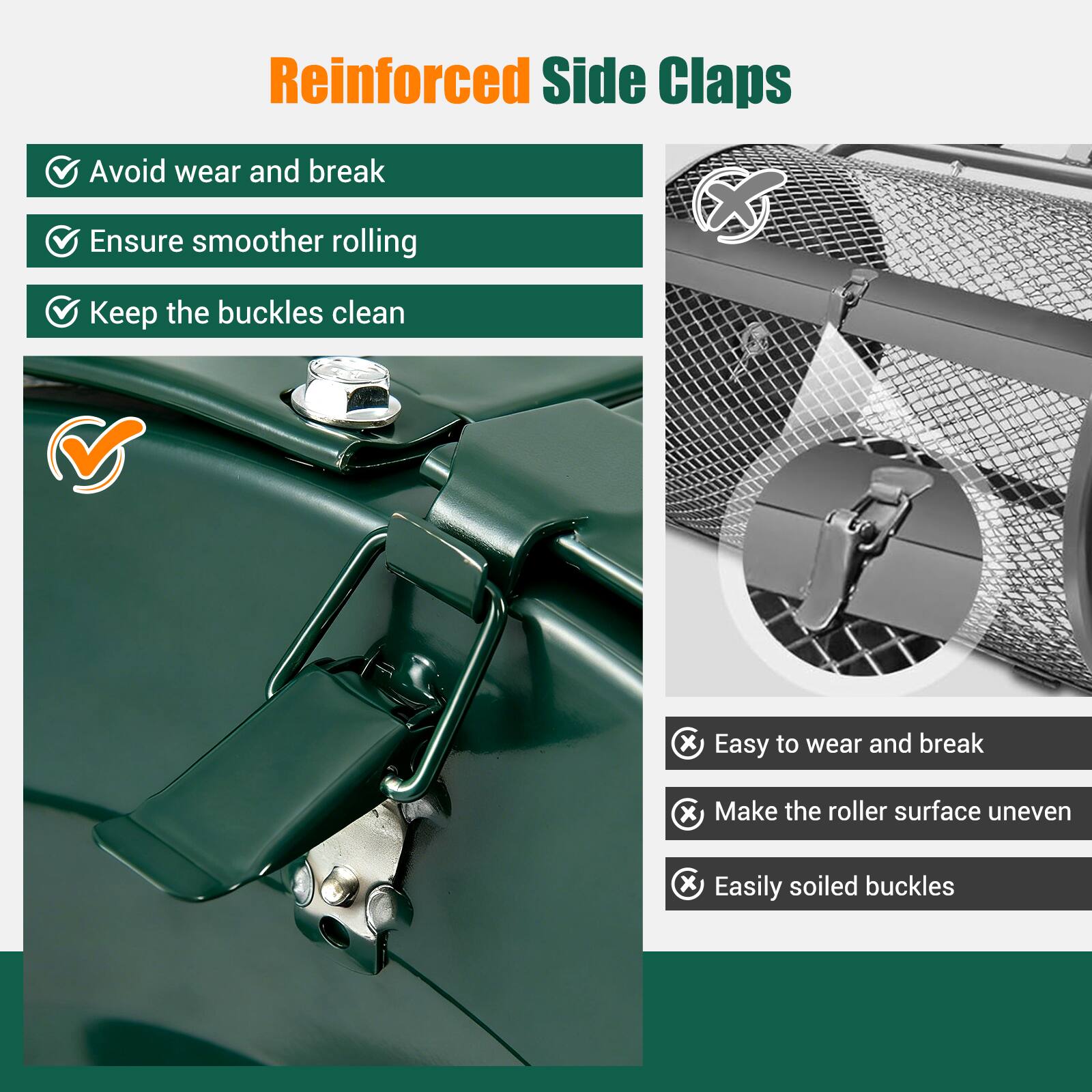 Reinforced Side Claps

- Avoid wear and break
- Ensure smoother rolling
- Keep the buckles clean

- Easy to wear and break
- Make the roller surface uneven
- Easily soiled buckles