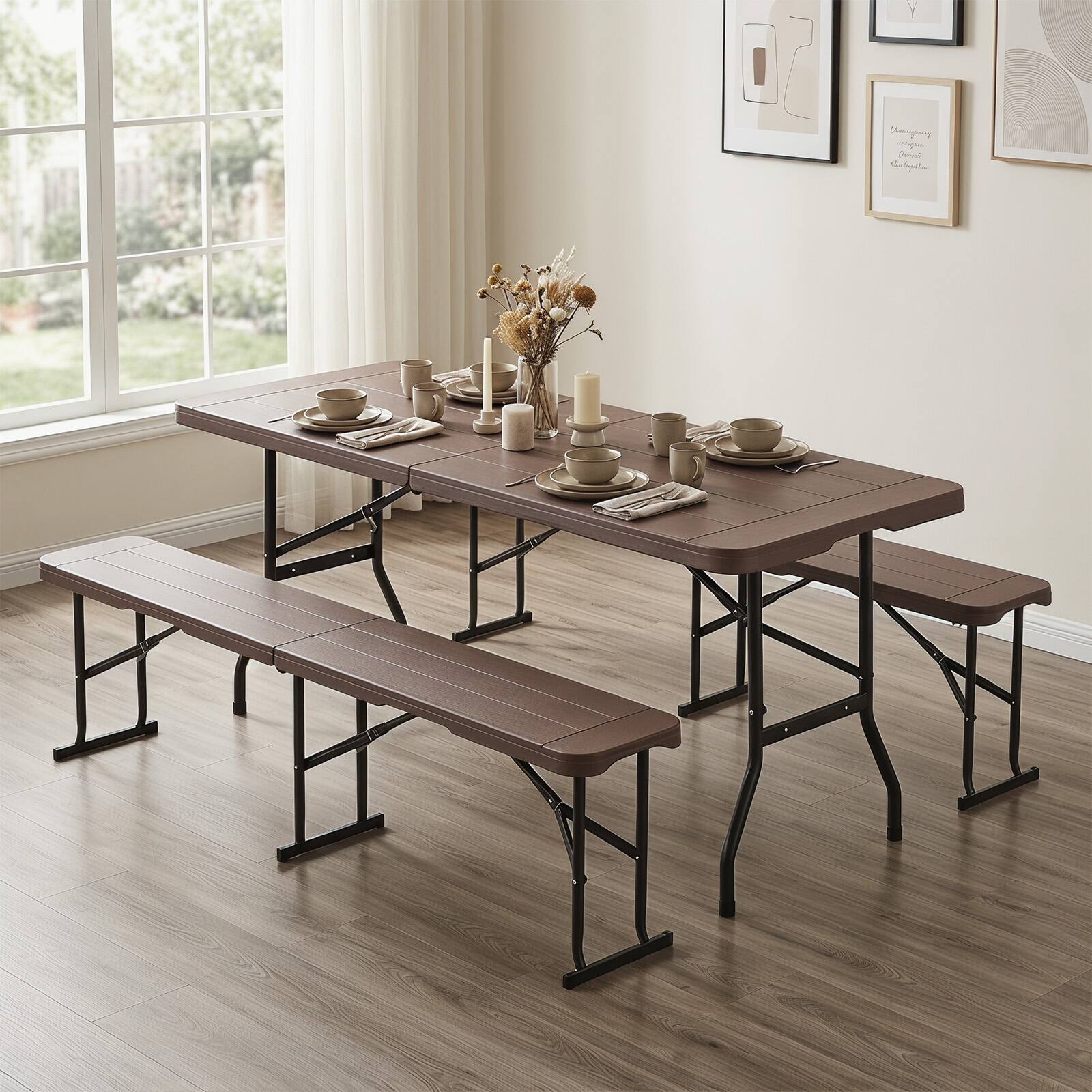 Alt View 4. Costway - Costway 6 FT Plastic Folding Bench, Portable Indoor Outdoor Bench with Carrying Handle - Coffee.
