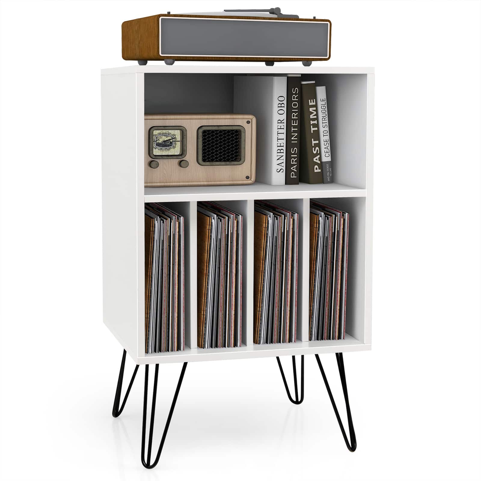 Ecooso - Freestanding Record Player Storage Cabinet with Metal Legs and Open Shelves - White