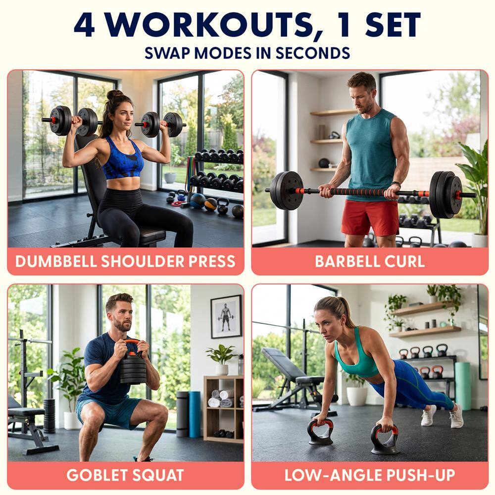 4 WORKOUTS, 1 SET  
SWAP MODES IN SECONDS

- DUMBBELL SHOULDER PRESS
- BARBELL CURL
- GOBLET SQUAT
- LOW-ANGLE PUSH-UP