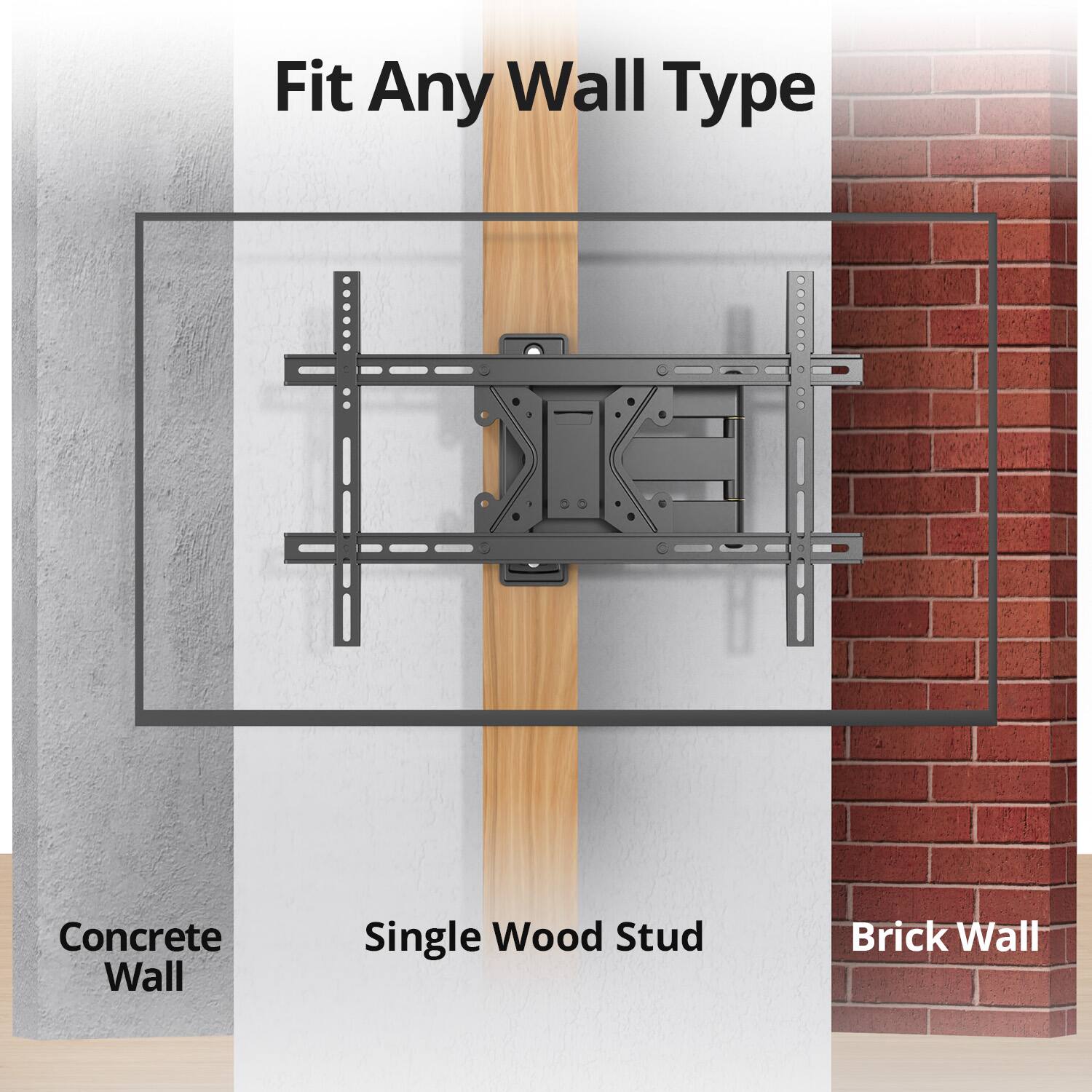 Fit Any Wall Type

Concrete Wall  
Single Wood Stud  
Brick Wall