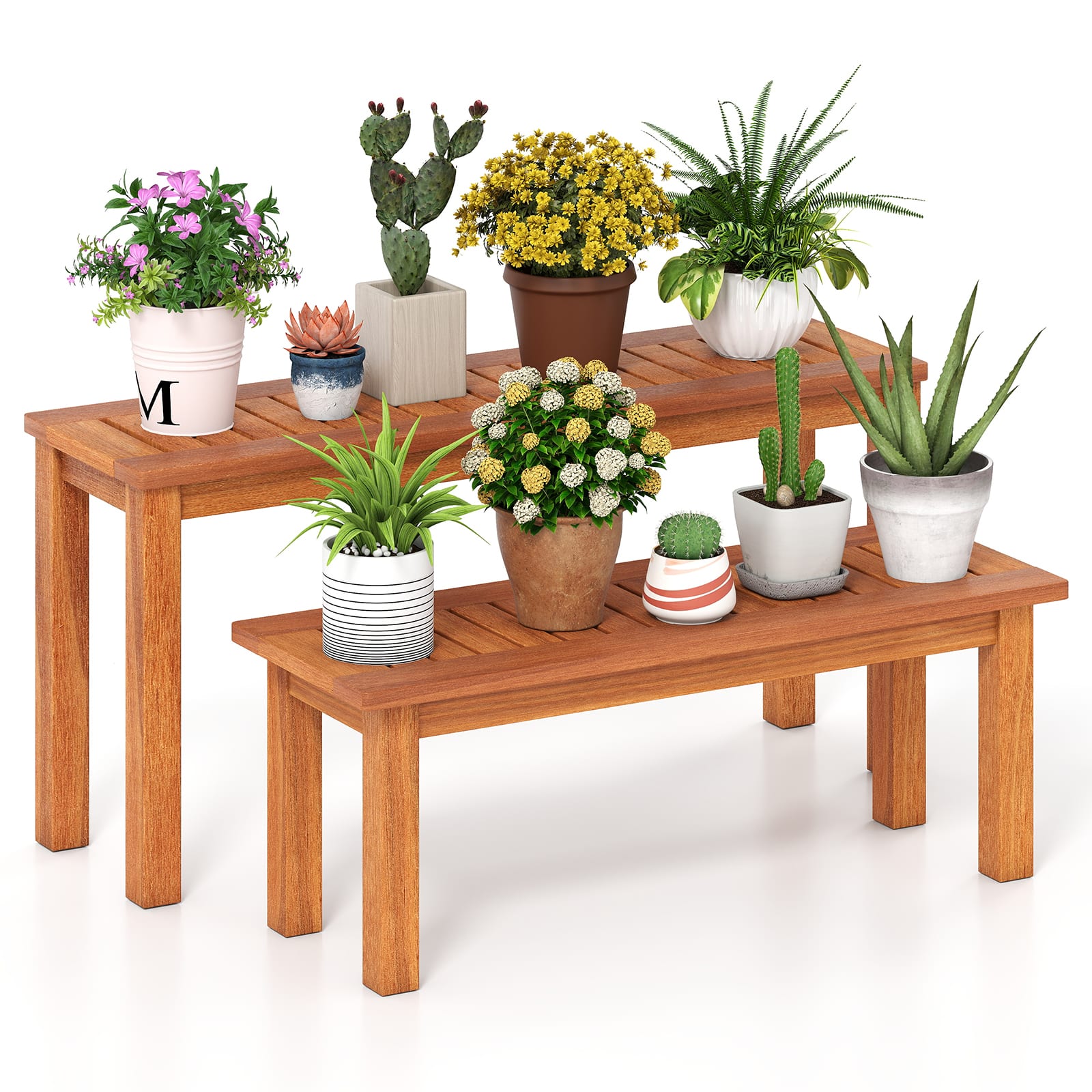 Gymax - Wooden Plant Stand Set of 2 w/ Teak Oil Finish Slatted Top Rustic Plant Rack - Brown