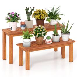 Gymax - Wooden Plant Stand Set of 2 w/ Teak Oil Finish Slatted Top Rustic Plant Rack - Brown