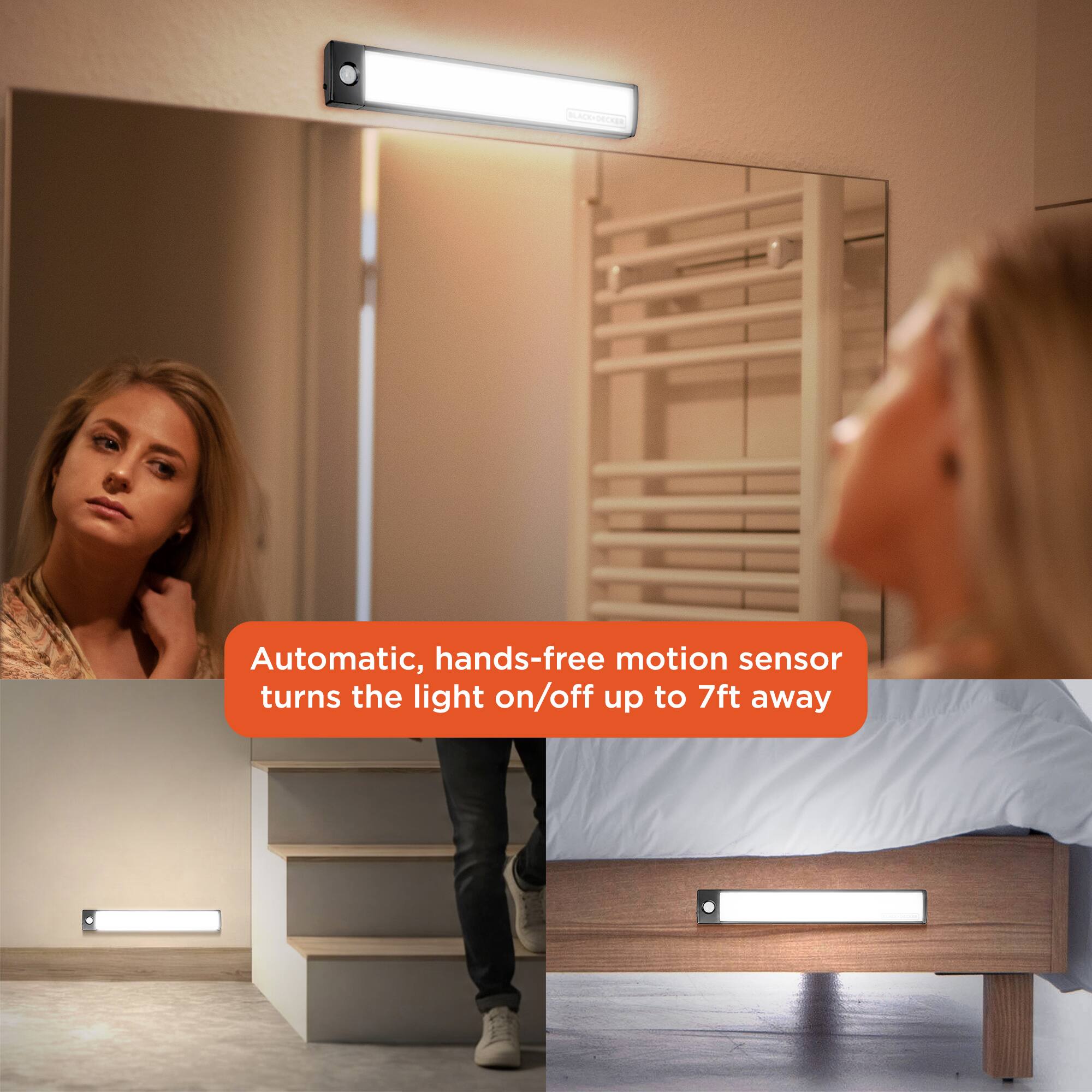 Automatic, hands-free motion sensor turns the light on/off up to 7ft away
