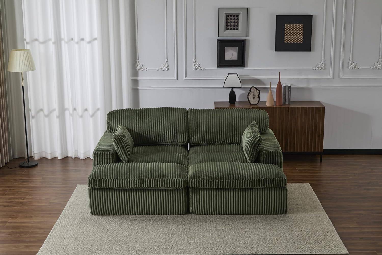 Alt View 7. Trinkets Crazed - Modular Loveseat Double Chaise Lounge Sofa Corduroy Sectional Sofa Boneless Couch - green.